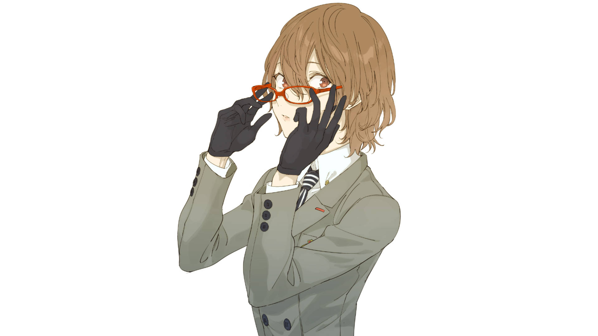 persona 5 4K 桌布 壁紙 — 棕色頭髮、戴紅色眼鏡的動漫角色，穿著灰色西裝和黑色手套，正在調整眼鏡。