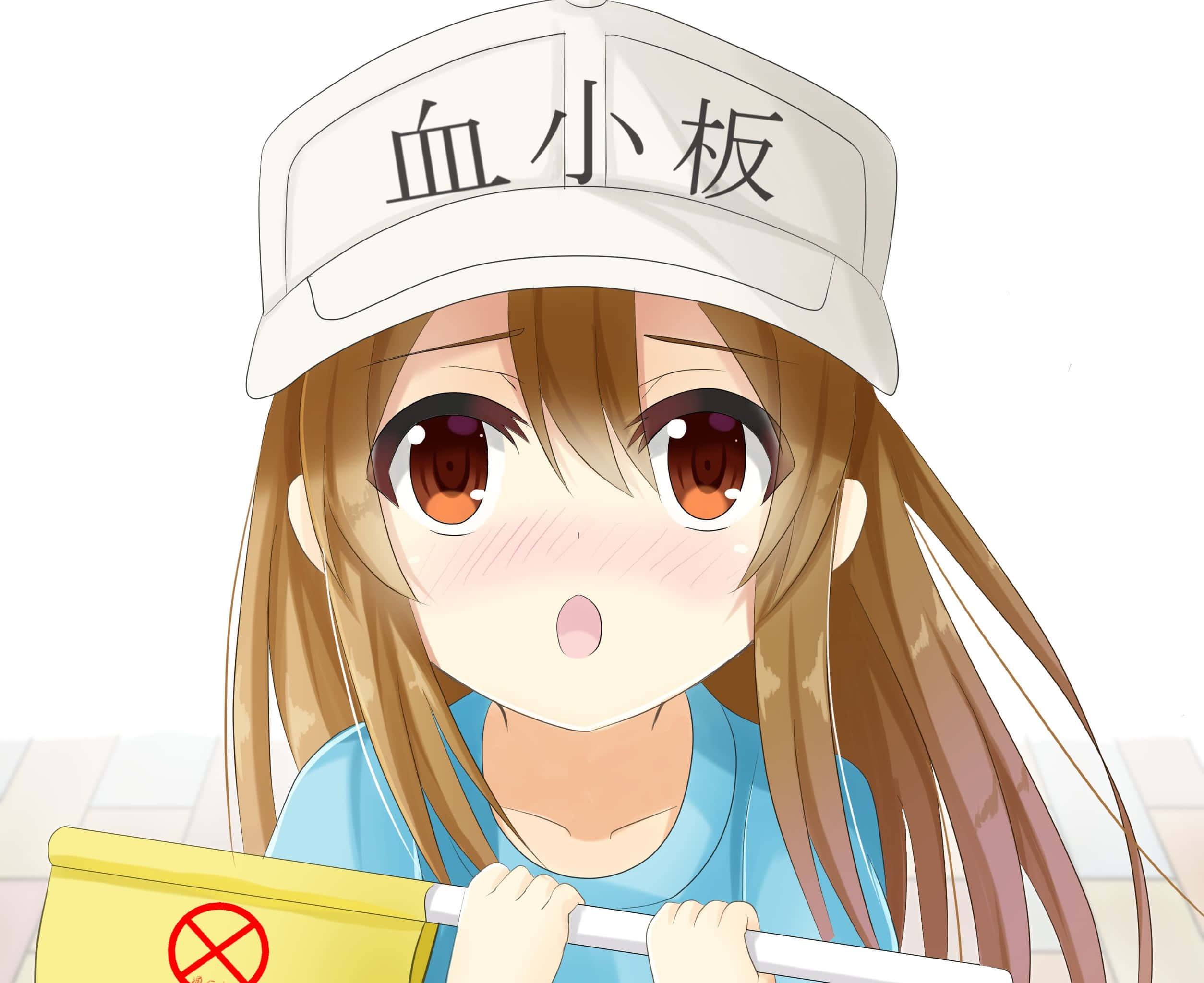 Cells At Work 桌布 壁紙 — 棕色頭髮、戴著寫有「血小板」帽子的動漫女孩，拿著一個帶有紅十字的黃色盒子。