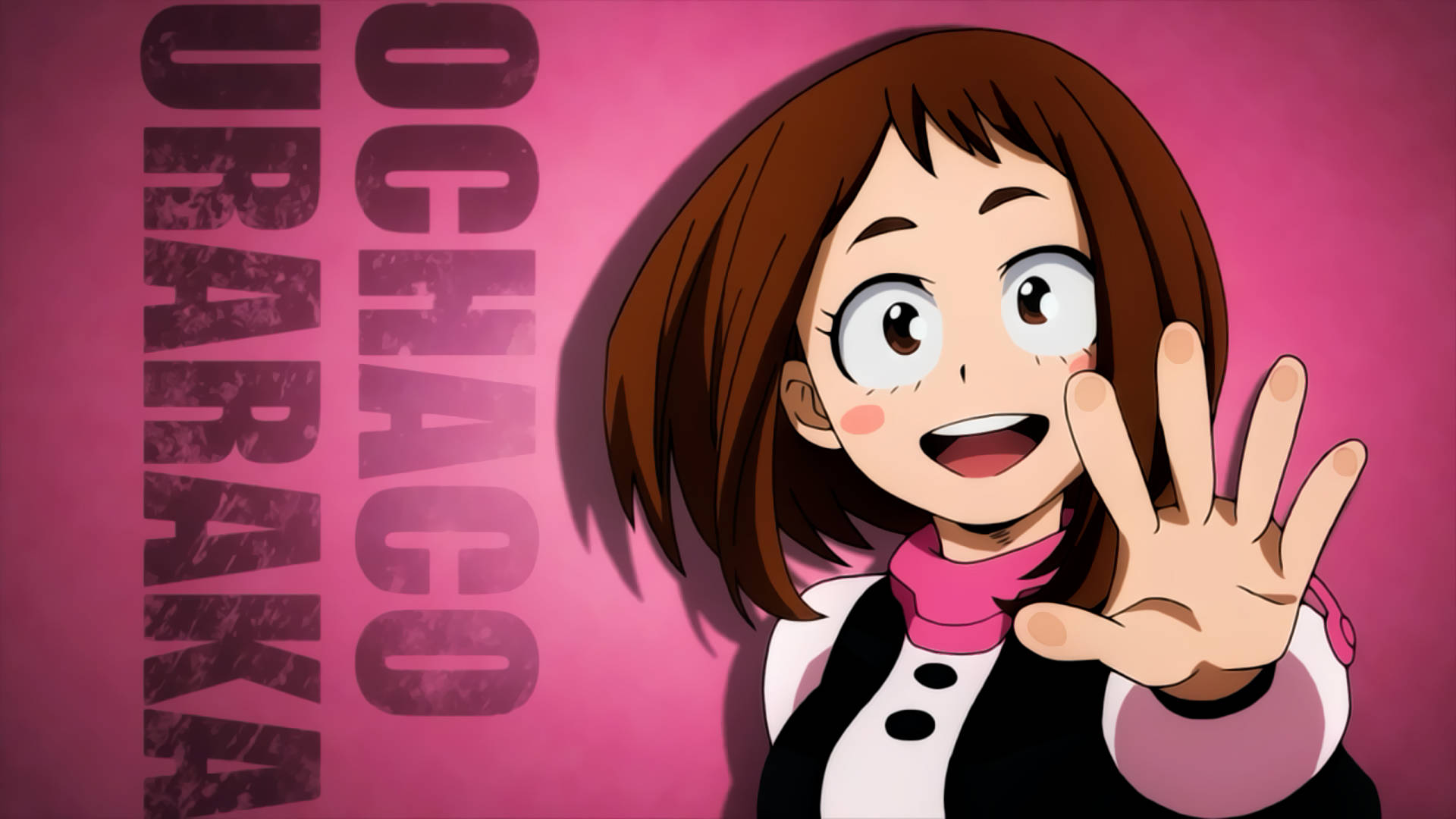 Uraraka 桌布 壁紙 — 棕色頭髮、戴著粉紅色圍巾的動漫女孩，在充滿活力的粉紅色背景上，她的名字垂直顯示，愉快地揮手。