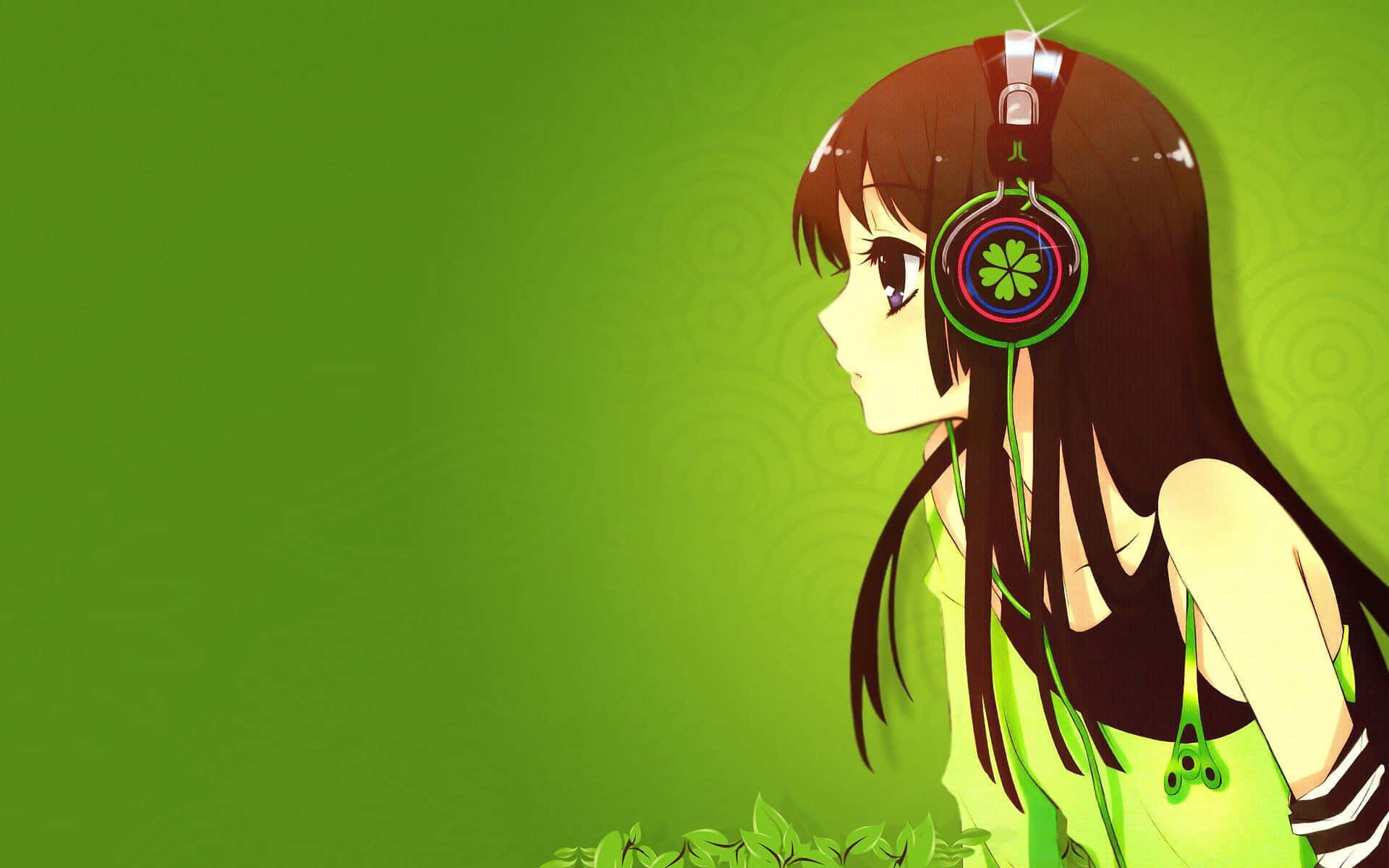 戴著耳機的動漫女孩，背景為綠色 — 綠色美學 GIF 壁紙