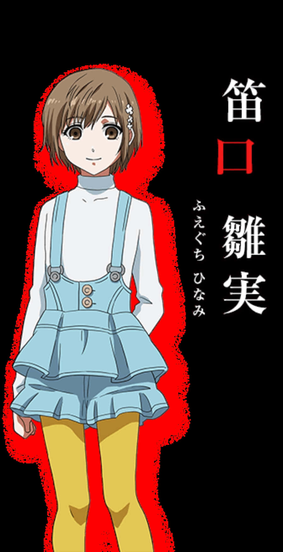Hinami Fueguchi 桌布 壁紙 — 棕色頭髮、戴著花朵髮夾的動漫女孩，站在黑色背景上鮮明的紅色剪影前。