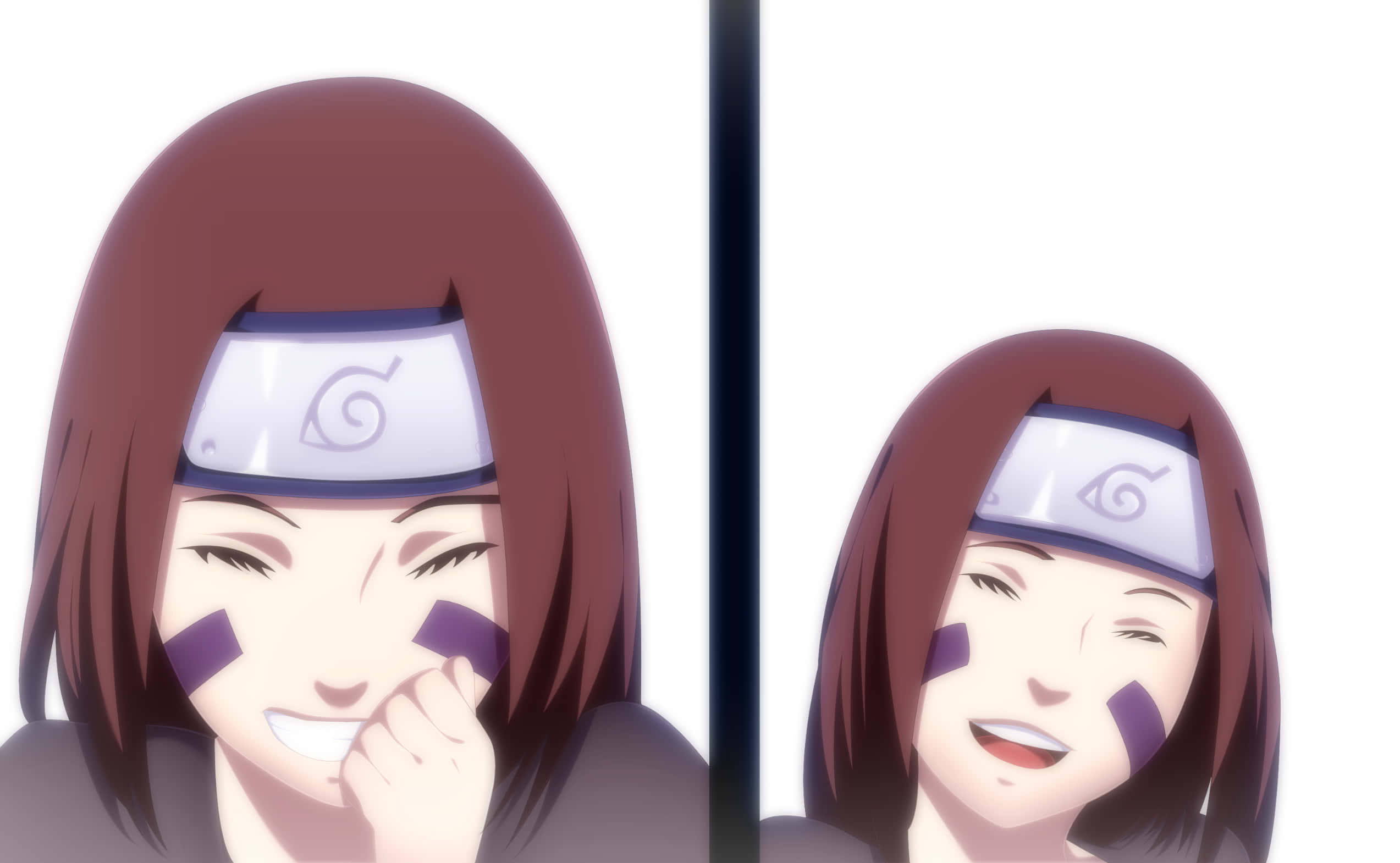 Rin Nohara 桌布 壁紙 — 棕色頭髮、戴著額頭護具的動漫女孩在分割畫面中頑皮地咧嘴笑。