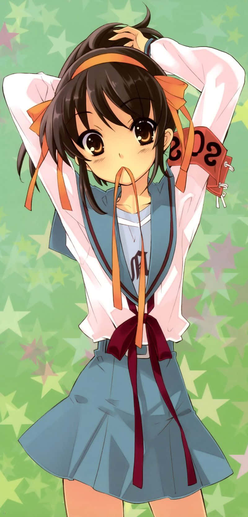 Haruhi Suzumiya 桌布 壁紙 — 棕色頭髮、橙色蝴蝶結的動漫女孩，在綠色星空背景下頑皮地咬著蝴蝶結。