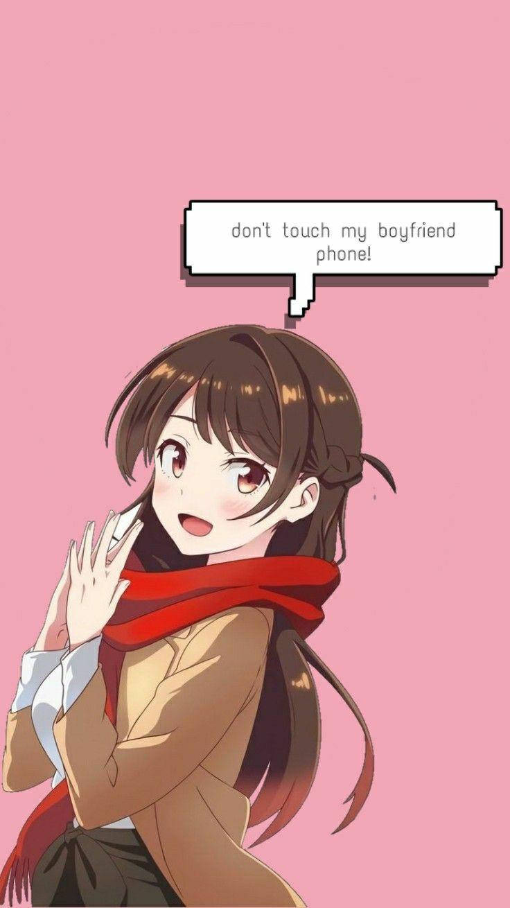 Girlfriend 桌布 壁紙 — 棕色頭髮、紅色圍巾的動漫女孩在純粉紅色背景下保護她的手機。