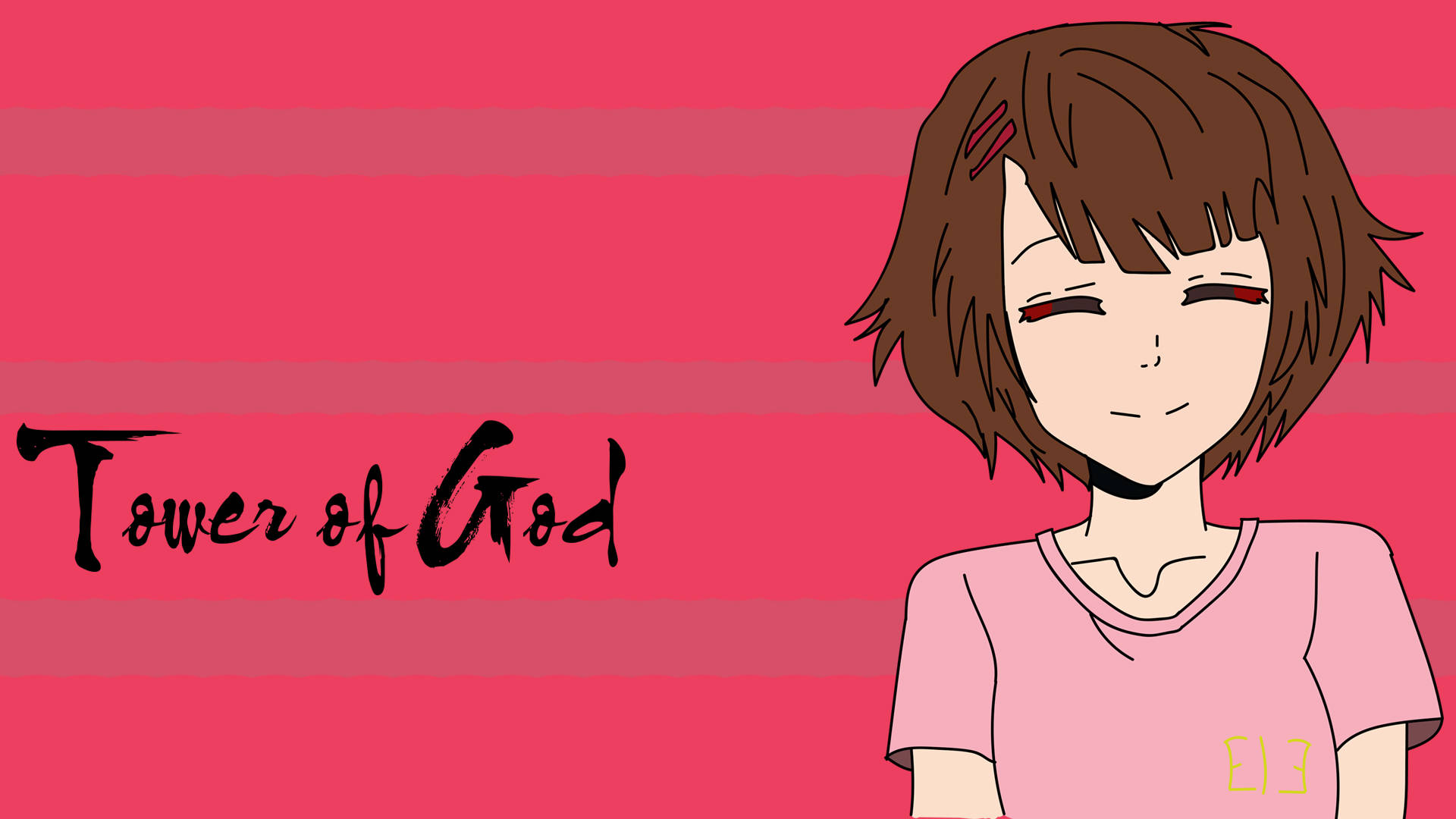 Tower Of God 桌布 壁紙 — 棕色頭髮、紅色眼睛的動漫女孩在粉紅色條紋背景上微笑，帶有「Tower of God」文字。
