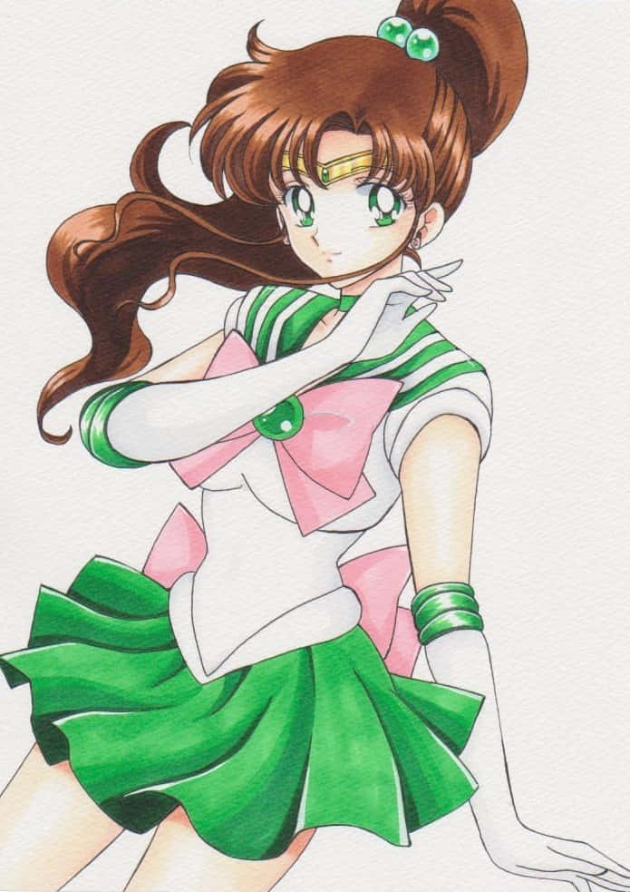 sailor jupiter 桌布 壁紙 — 棕色頭髮、綠色眼睛的動漫女孩，穿著綠色和粉紅色的水手服擺姿勢。