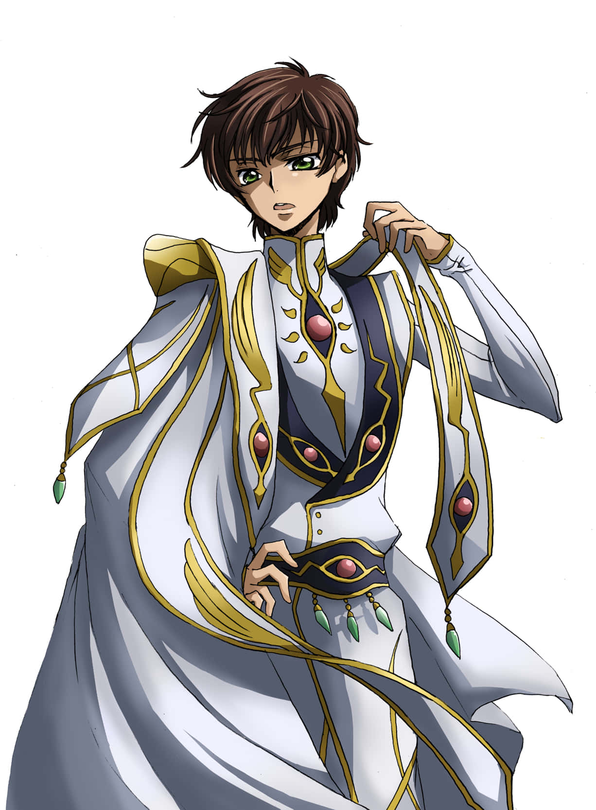 Suzaku Kururugi 桌布 壁紙 — 棕色頭髮、綠色眼睛的動漫角色，身穿華麗的白金色和黑色儀式長袍，綴有垂墜寶石。