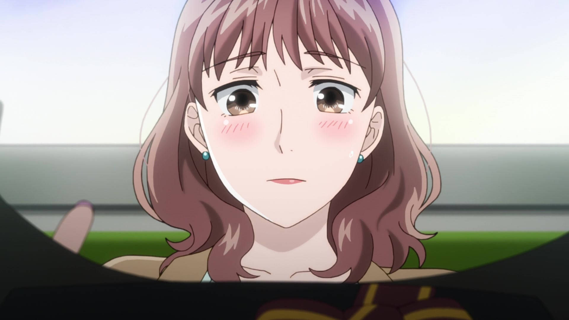 koikimo 桌布 壁紙 — 棕色頭髮、臉頰泛紅的動漫女孩坐在車裡，表情驚訝。