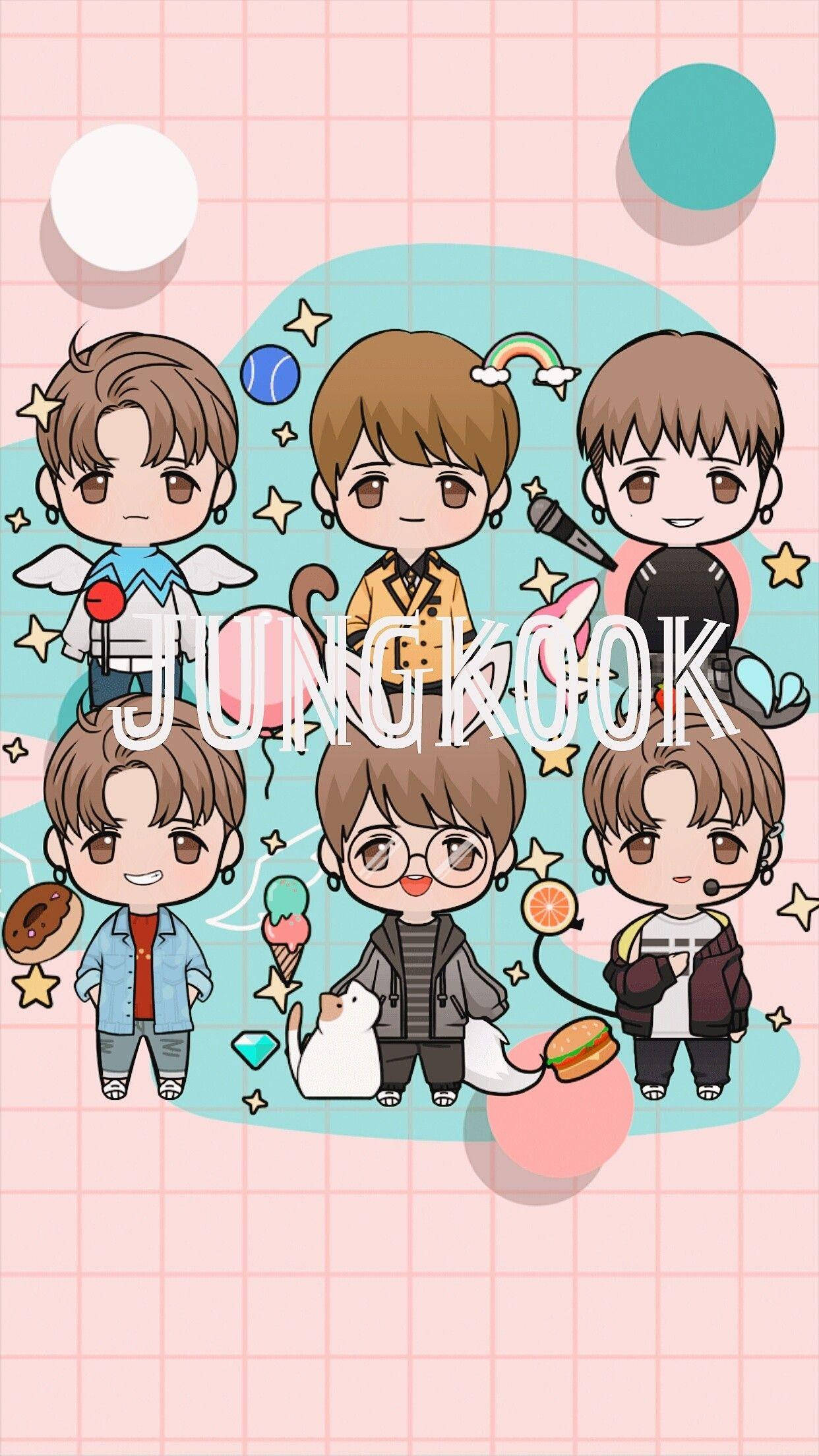 BTS 卡通 桌布 壁紙 — 棕色頭髮、表情豐富的Q版卡通角色，被星星和食物包圍在粉紅色網格背景上。