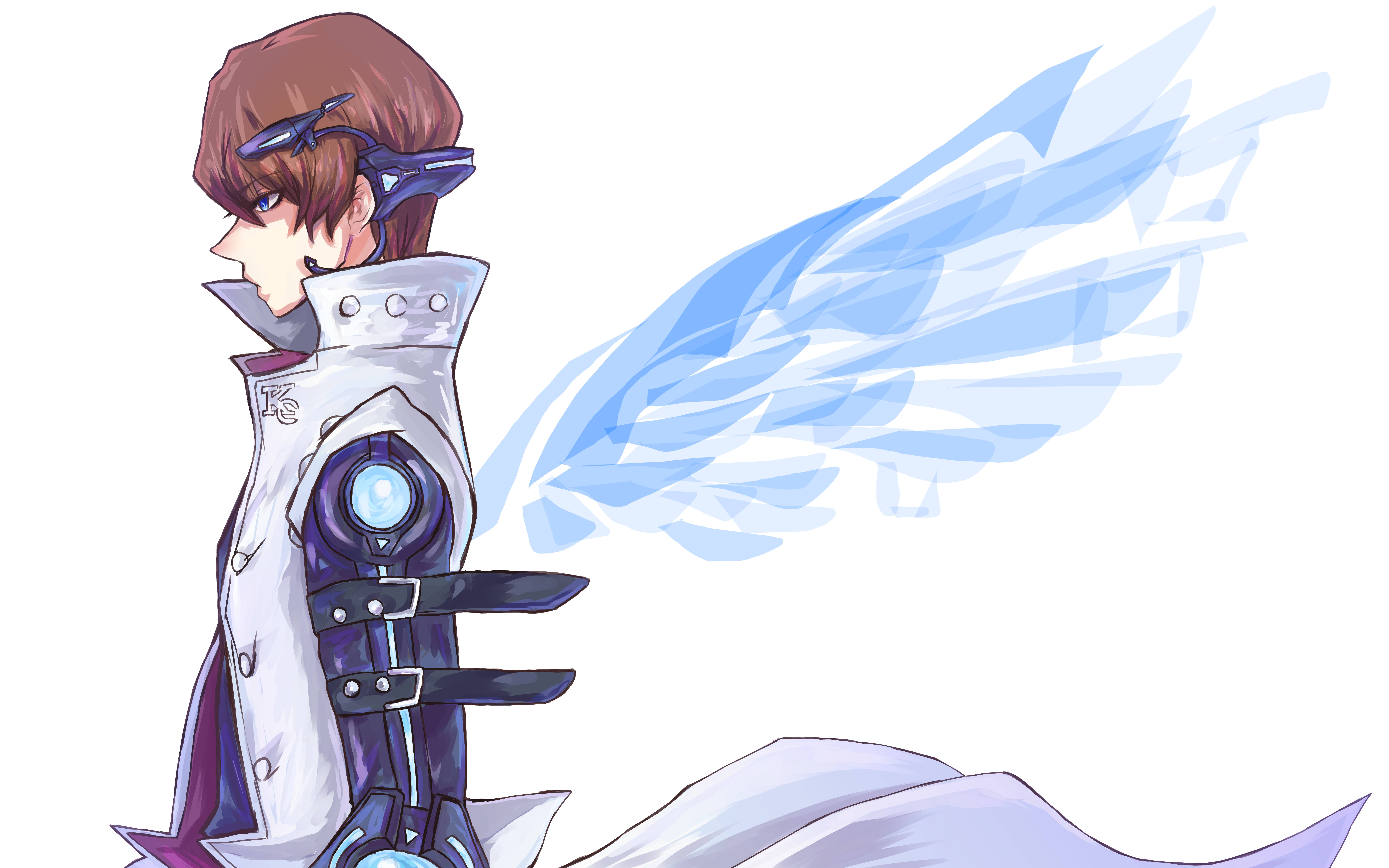 kaiba 桌布 壁紙 — 棕色頭髮和未來盔甲的動漫角色側面站立，身後有發光的藍色翅膀流動。