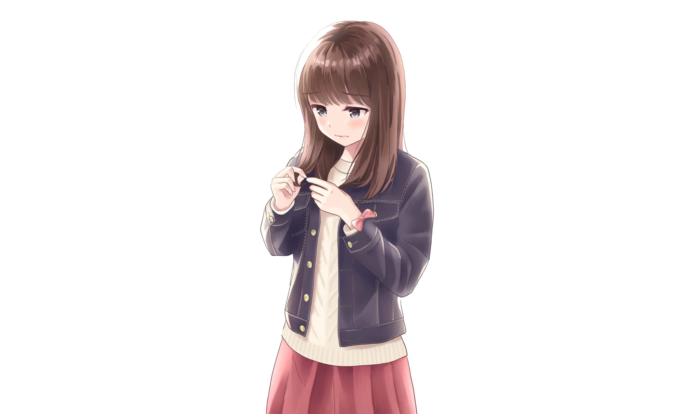 Beautiful Sad Anime 桌布 壁紙 — 棕色頭髮的動漫女孩在白色背景前將深色外套扣在奶油色毛衣上。