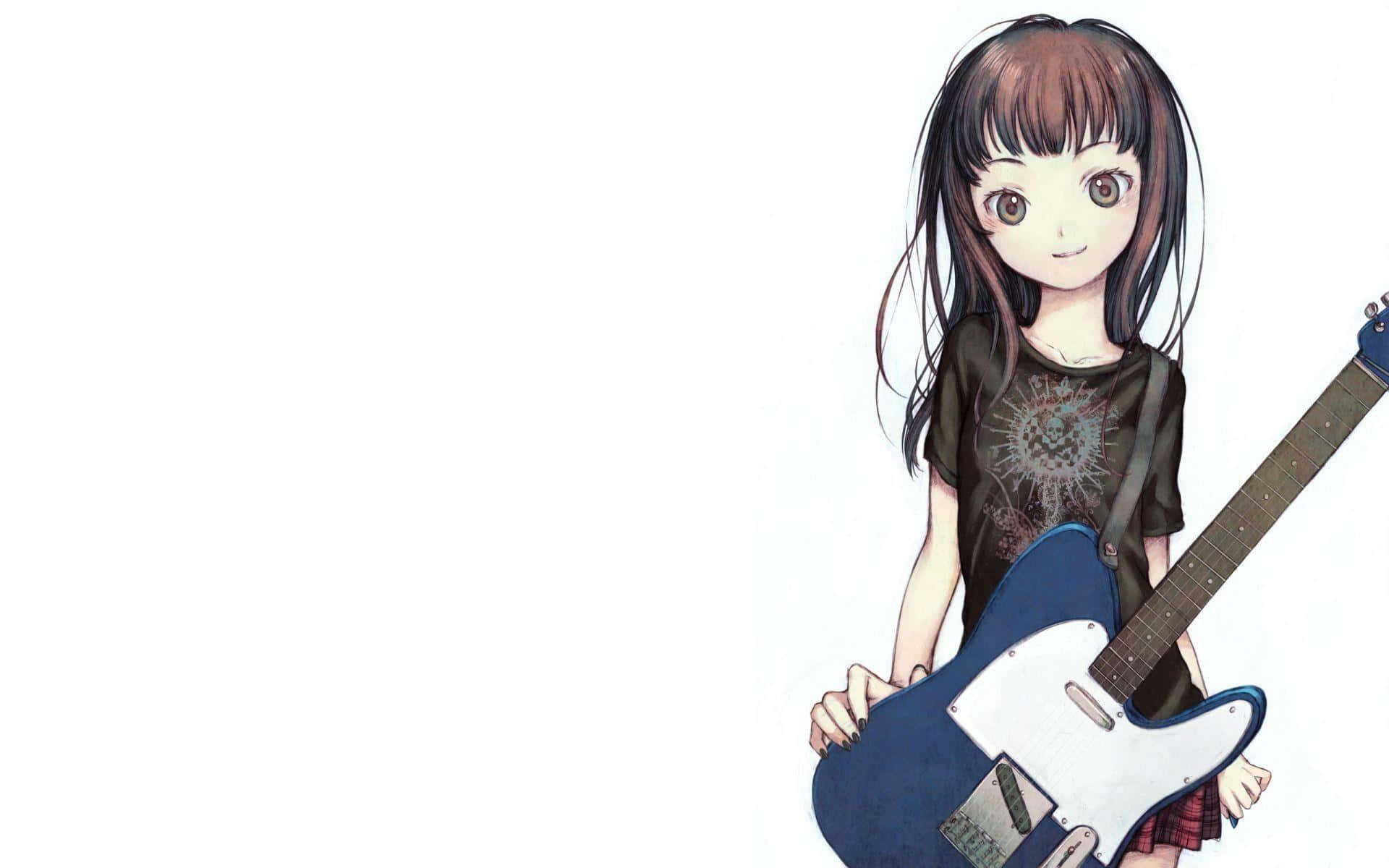 動漫女孩 桌布 壁紙 — 棕色頭髮的動漫女孩在純白色背景前拿著一把藍色電吉他。