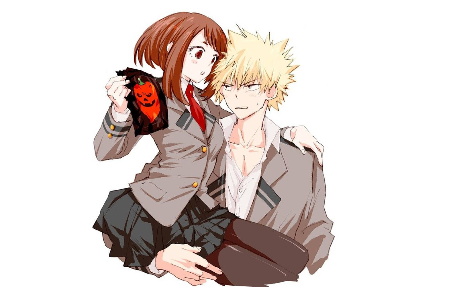 Cute Bakugou 桌布 壁紙 — 棕色頭髮的動漫女孩抱著一個金色刺蝟頭的男孩，同時舉起一個南瓜主題的包包。
