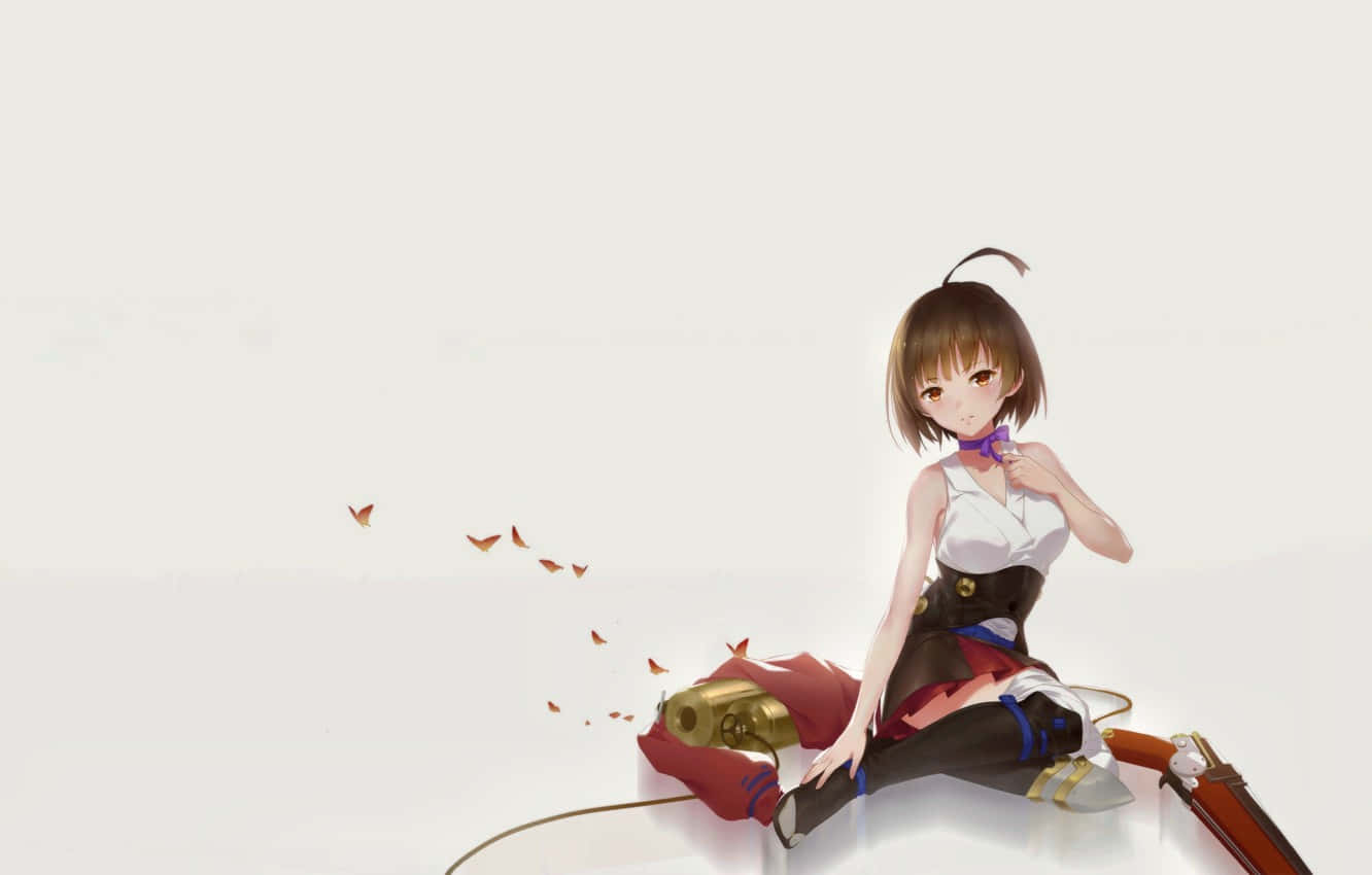 Kabaneri Of The Iron Fortress 桌布 壁紙 — 棕色頭髮的動漫女孩盤腿坐在白色地板上，旁邊是掉落的紅色斗篷和步槍，橙色蝴蝶在她周圍飛舞。