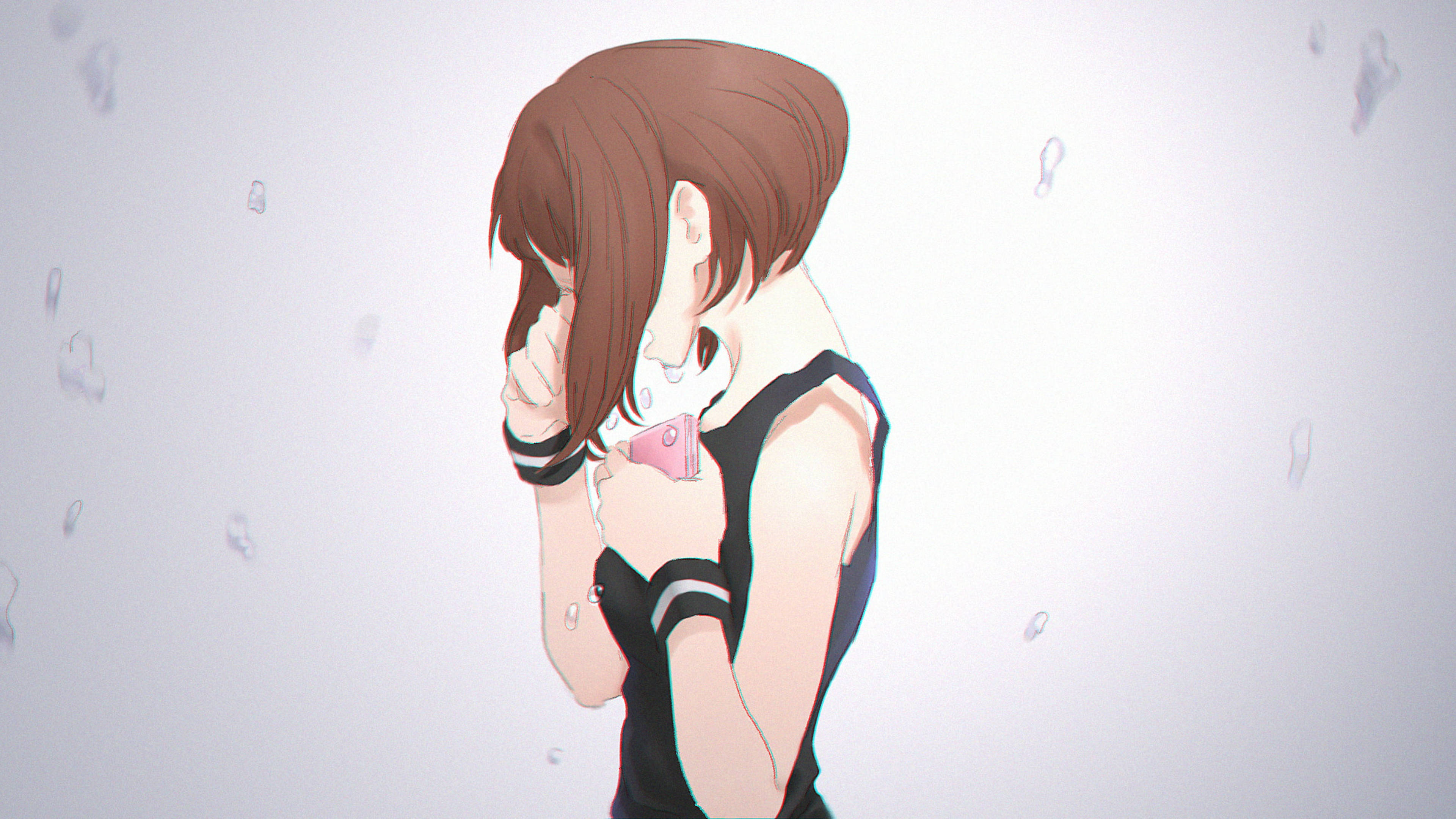 Uraraka 桌布 壁紙 — 棕色頭髮的動漫女孩穿著黑色服裝，拿著粉紅色手機，柔和光線中水滴在她周圍漂浮。