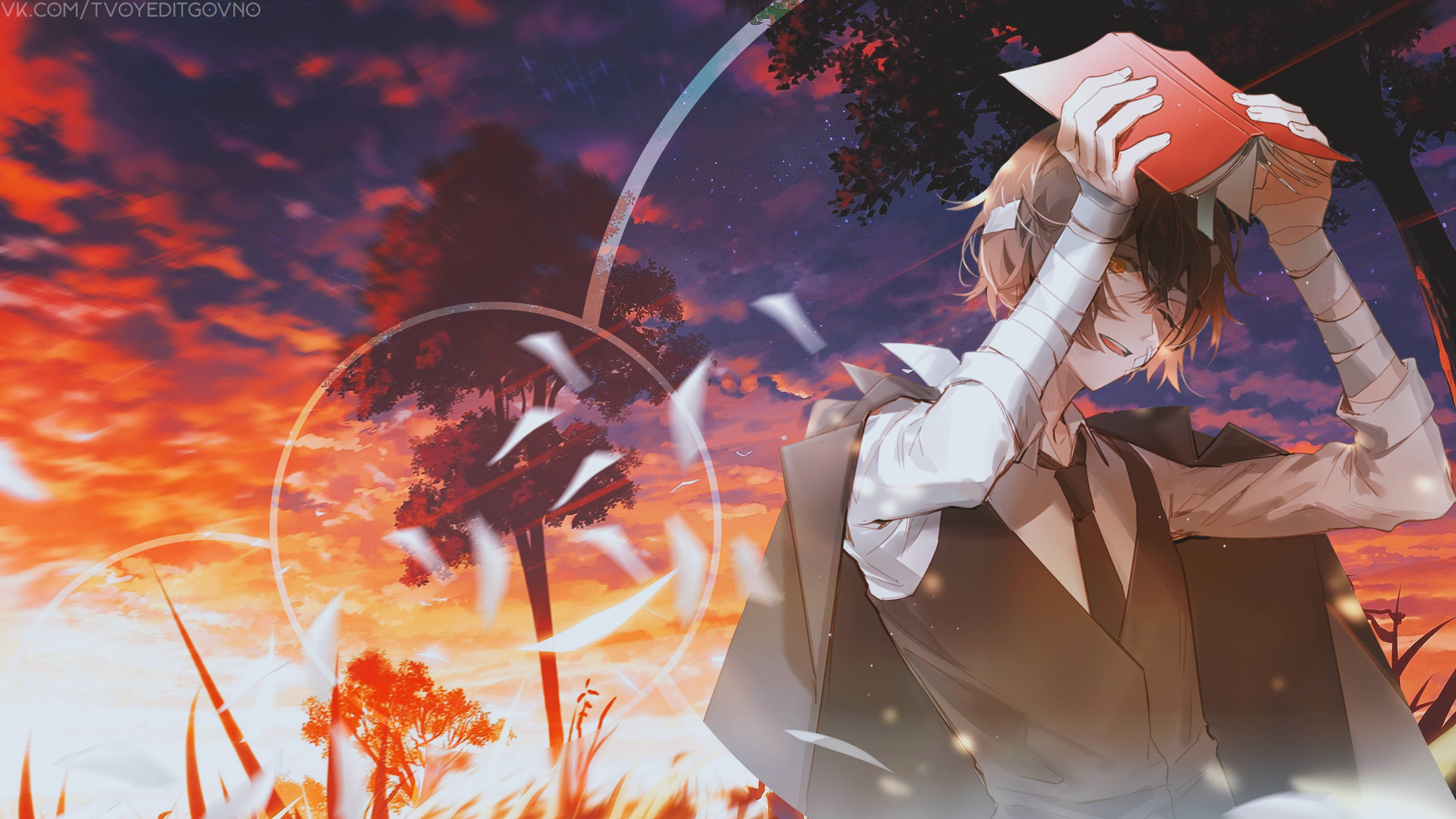 Dazai 桌布 壁紙 — 棕色頭髮的動漫男孩在火紅的夕陽天空下，伴隨著發光的樹木和飄浮的紙張，閱讀一本紅色的書。