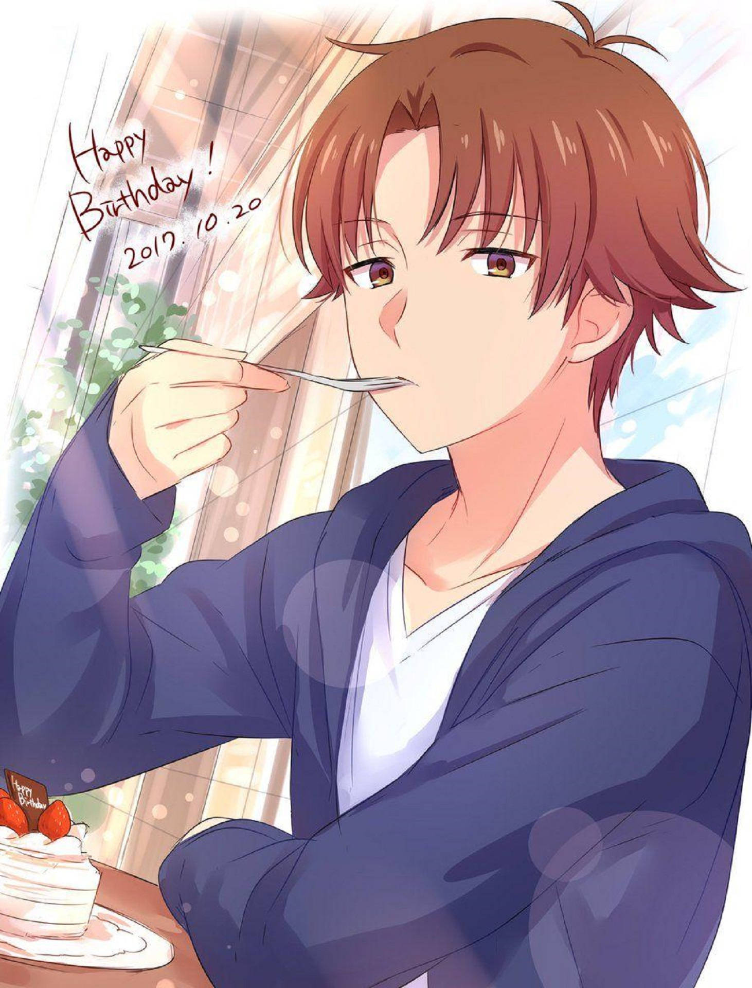 kiyotaka ayanokoji 桌布 壁紙 — 棕色頭髮的動漫男孩在窗邊吃生日蛋糕，附有 'Happy Birthday!' 文字。