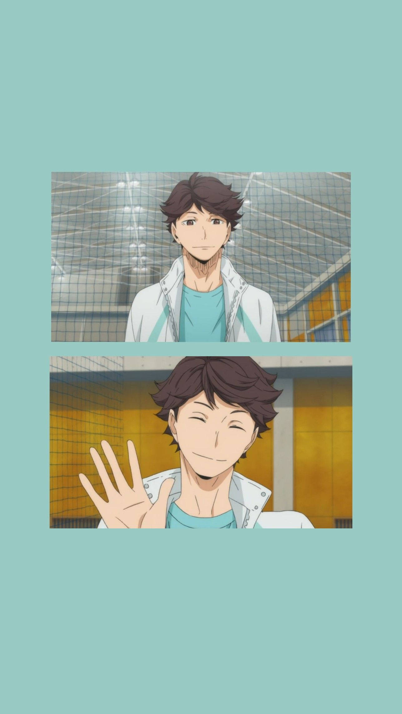 toru oikawa 桌布 壁紙 — 棕色頭髮的動漫角色在排球體育館內，帶著網和燈光，溫暖微笑揮手。