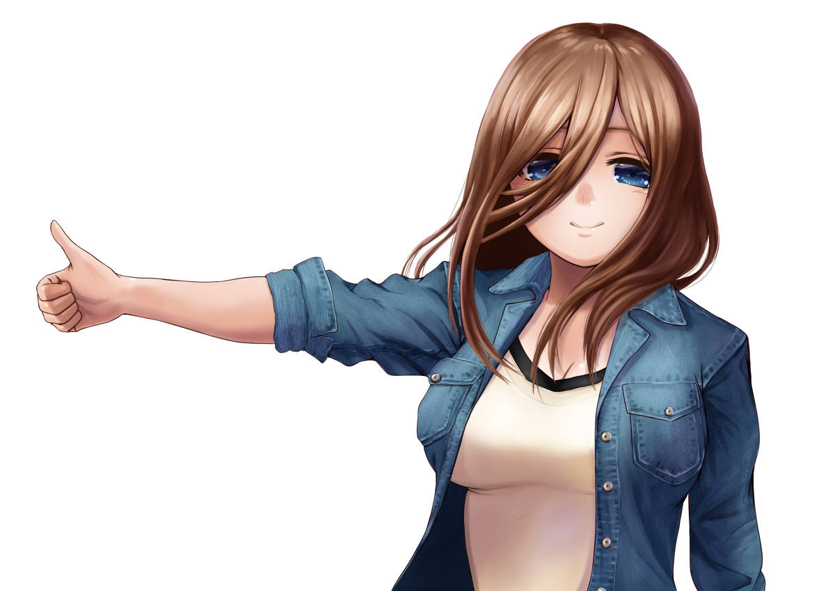 miku 桌布 壁紙 — 棕色頭髮藍眼睛的動漫女孩在白色背景前穿著牛仔外套開心地豎起大拇指。