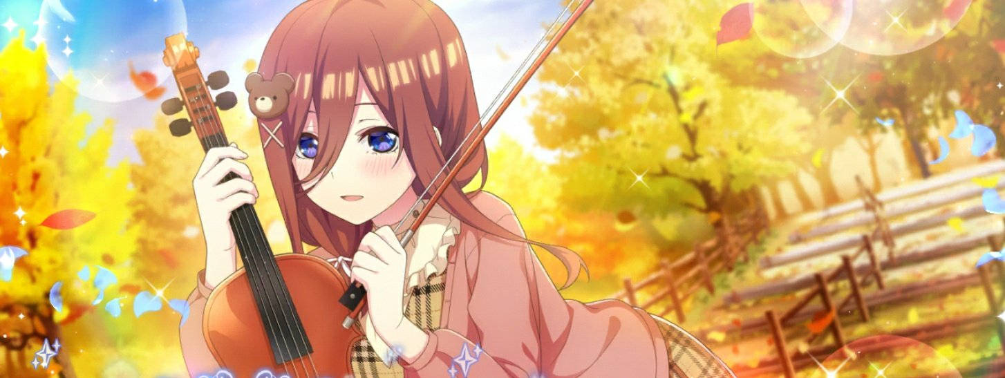 miku 桌布 壁紙 — 棕色頭髮藍眼睛的動漫女孩在金色秋葉下演奏小提琴，伴隨著閃光和漂浮的泡泡。
