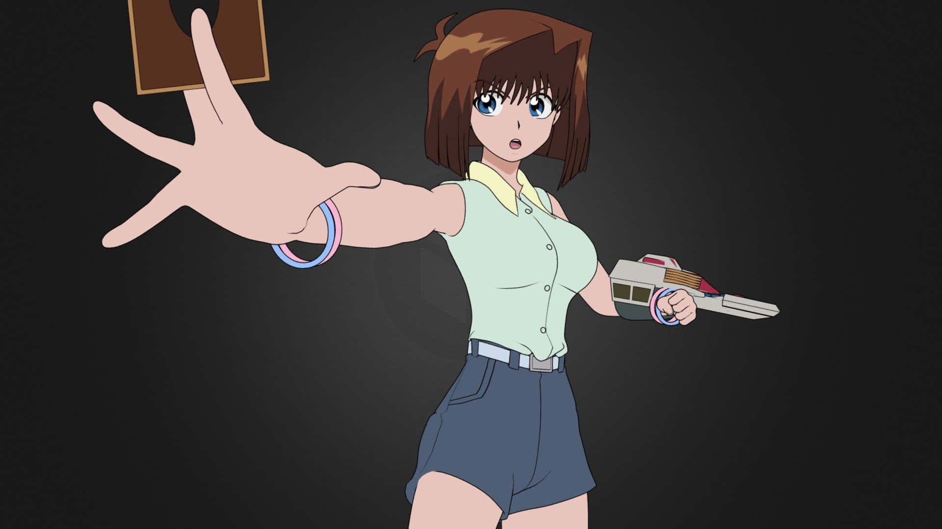 Tea Gardner 桌布 壁紙 — 棕色頭髮藍眼睛的動漫女孩在黑暗背景下伸出手，手持未來風格的槍。