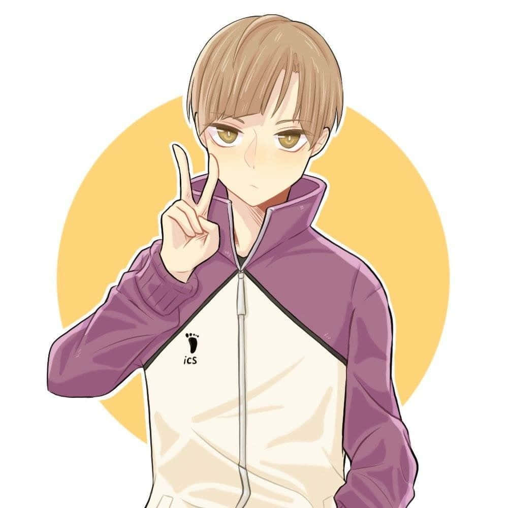 Shirabu Kenjirou 桌布 壁紙 — 棕色頭髮金色眼睛的動漫男孩穿著紫色和奶油色外套，在黃色圓形背景前做出和平手勢。