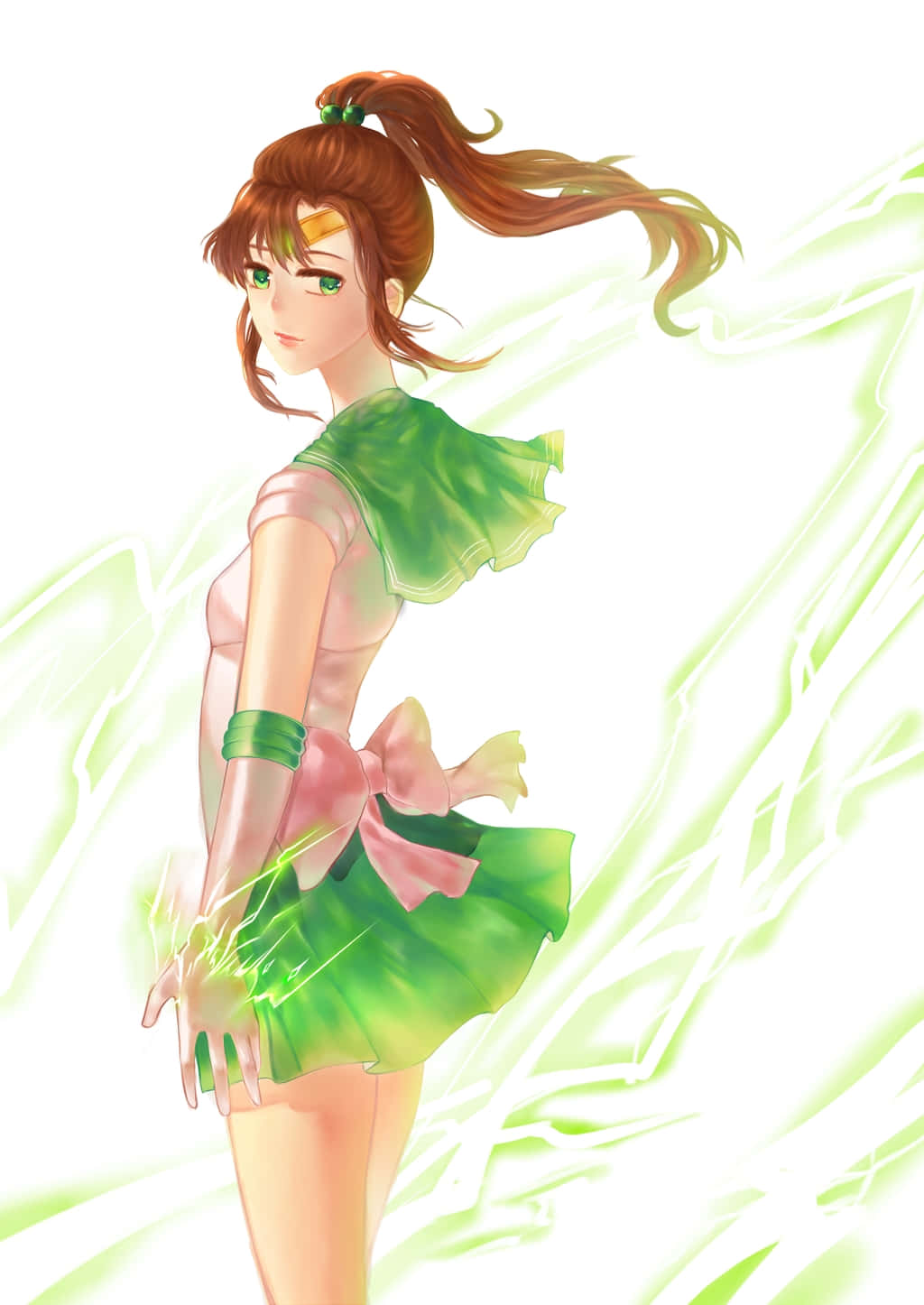 sailor jupiter 桌布 壁紙 — 棕色馬尾辮和綠色眼睛的動漫女孩穿著綠色和粉紅色的服裝，在明亮的白色背景下散發著能量。