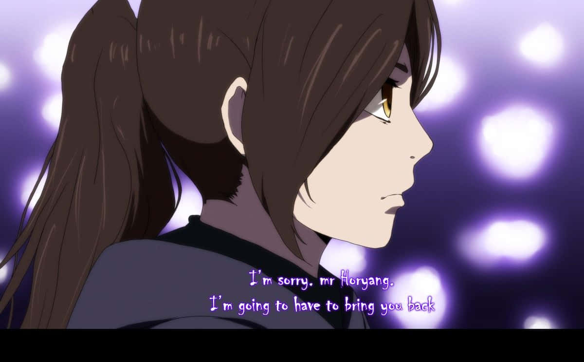 Tower Of God 桌布 壁紙 — 棕色馬尾辮的動漫女孩側視發光紫色散景背景。