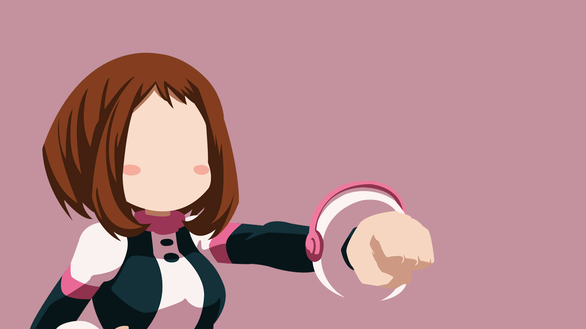 Uraraka 桌布 壁紙 — 棕色鮑伯頭、戴著粉紅色耳機的動漫女孩，在純紫紅色背景前向前揮拳。
