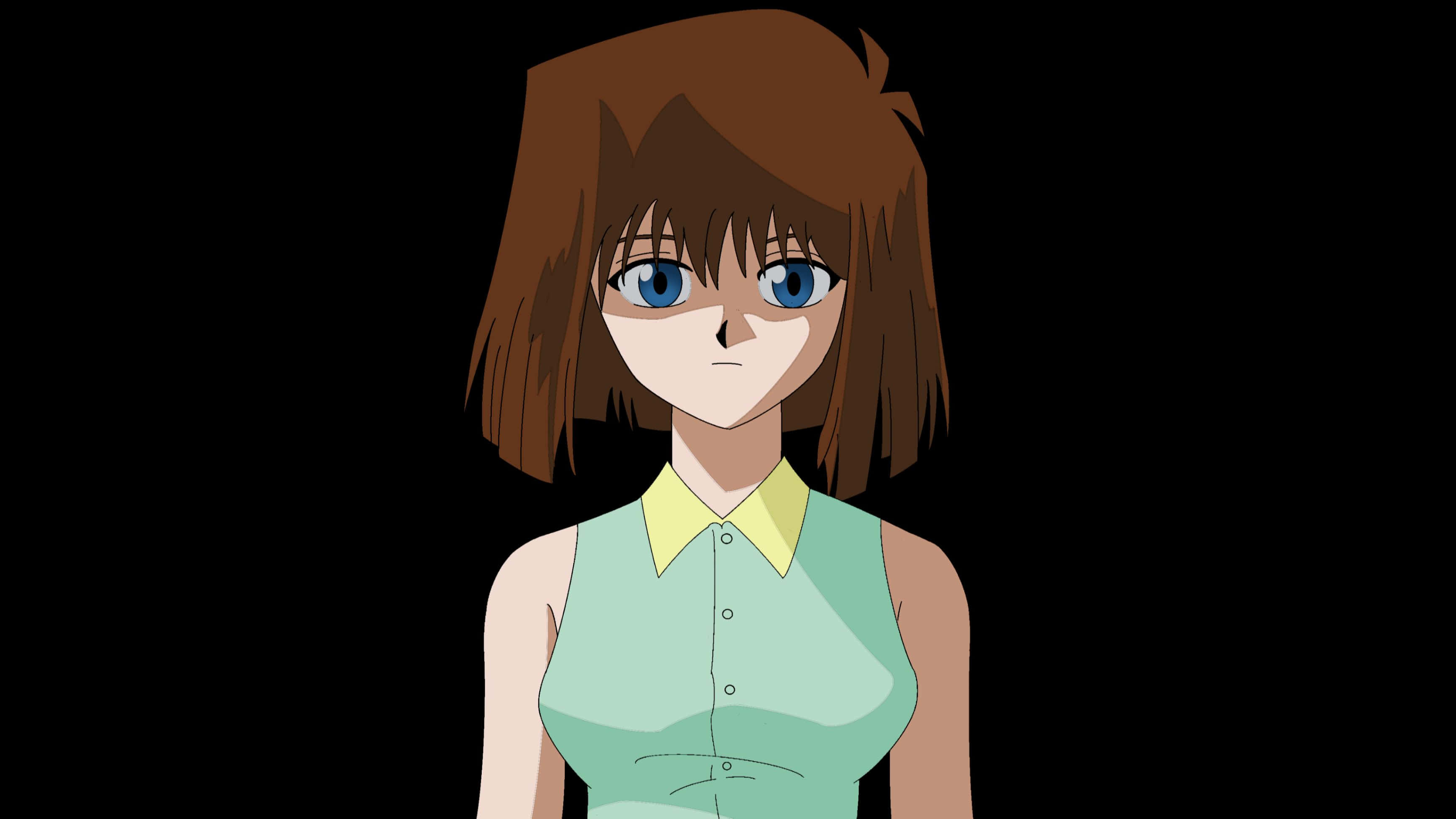 Tea Gardner 桌布 壁紙 — 棕色鮑伯頭藍眼動漫女孩，穿著淺綠色無袖黃領襯衫，黑色背景。