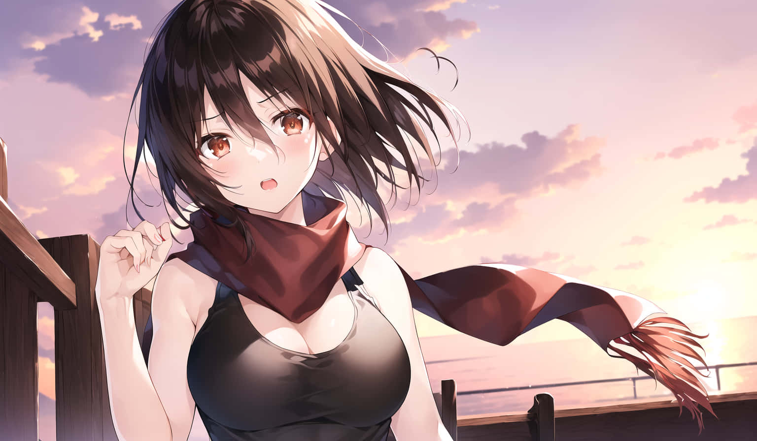 Mikasa 桌布 壁紙 — 棕髮圍巾動畫女孩站在夕陽下的欄杆上，背後是柔和的粉橙色天空。