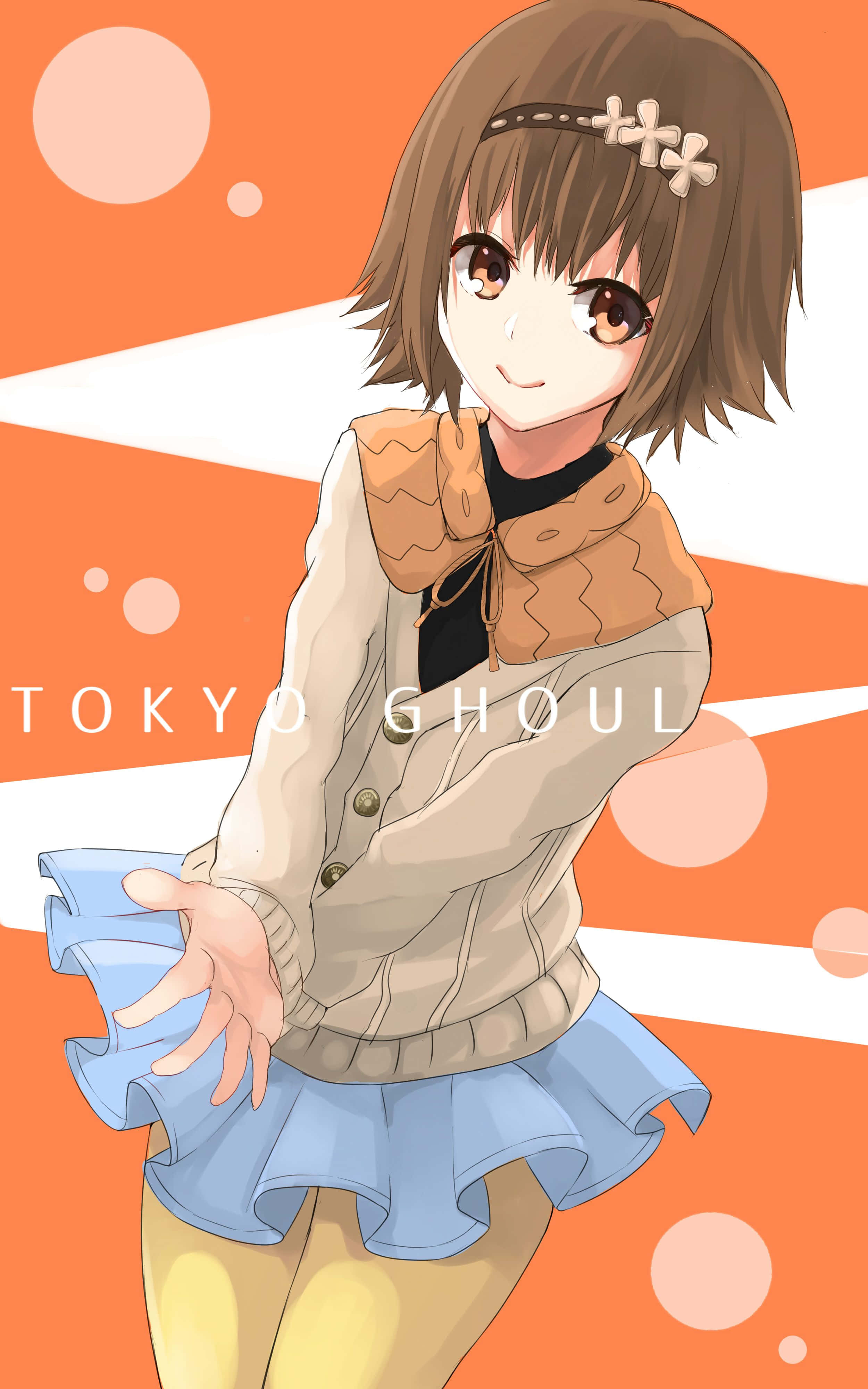 Hinami Fueguchi 桌布 壁紙 — 棕髮戴花髮夾的動漫女孩在橙色和白色條紋背景上微笑，背景有漂浮的圓圈。