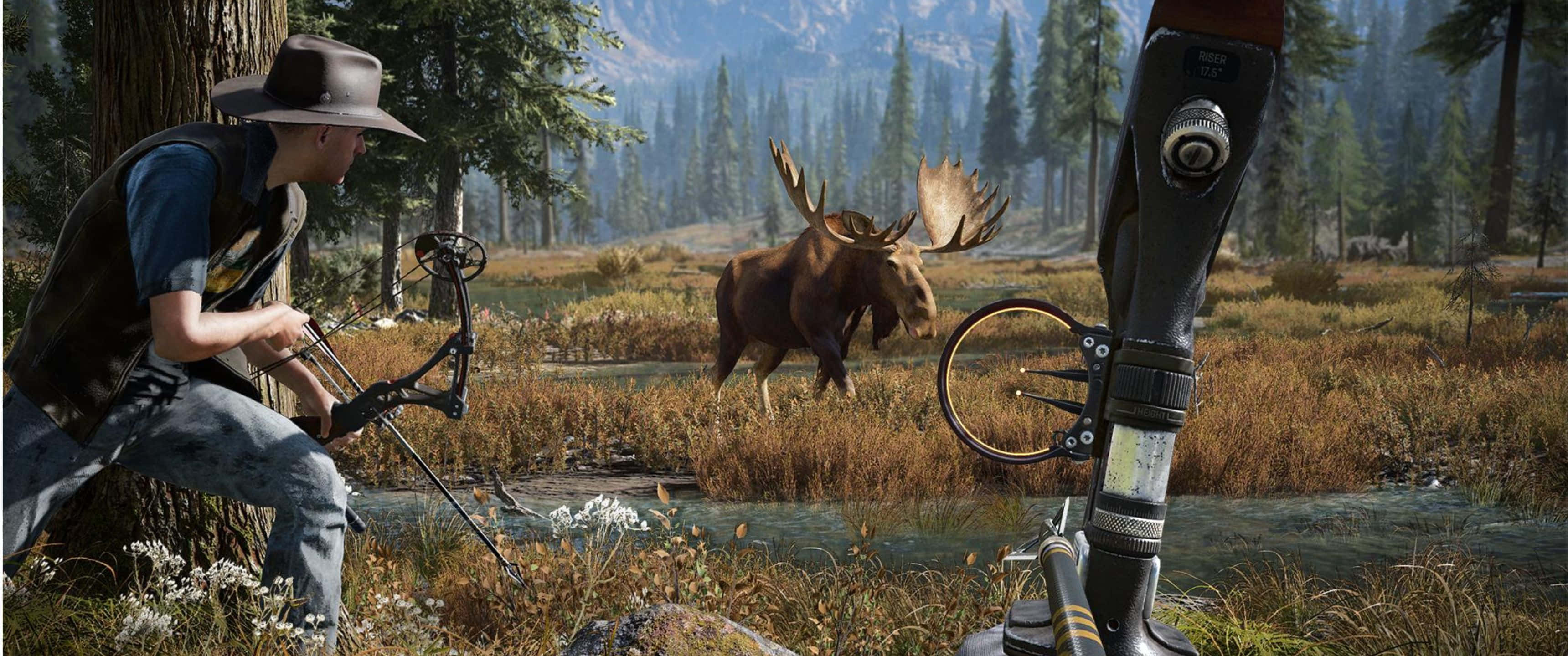 3440x1440p Far Cry 5 桌布 壁紙 — 森林中一名獵人蹲下用弓瞄準溪流附近一隻大型駝鹿，可見機械腿。