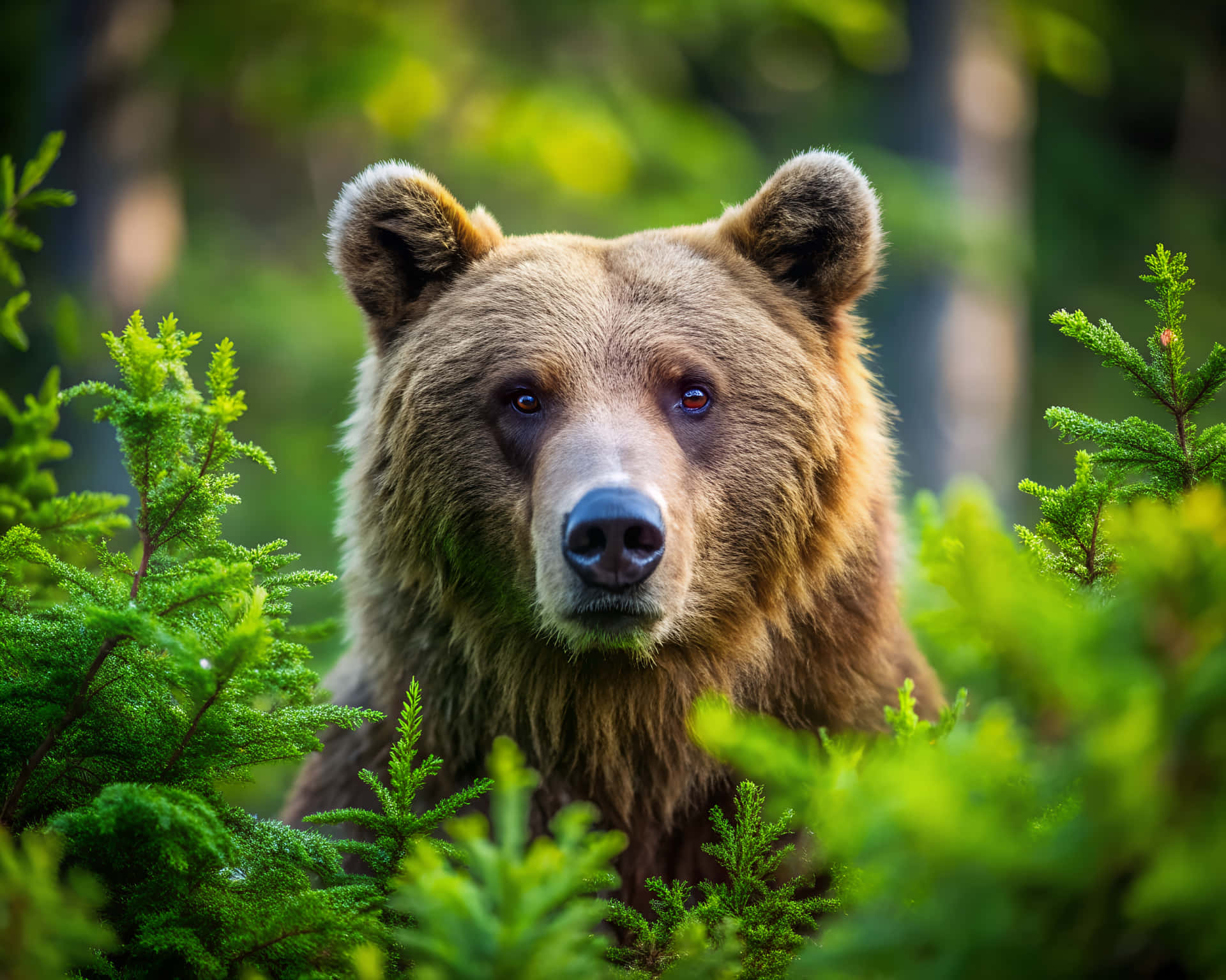 Bear in the forest 壁紙 — 森林中一隻棕熊的特寫，透過鮮綠色的松樹枝條露出銳利的眼神。