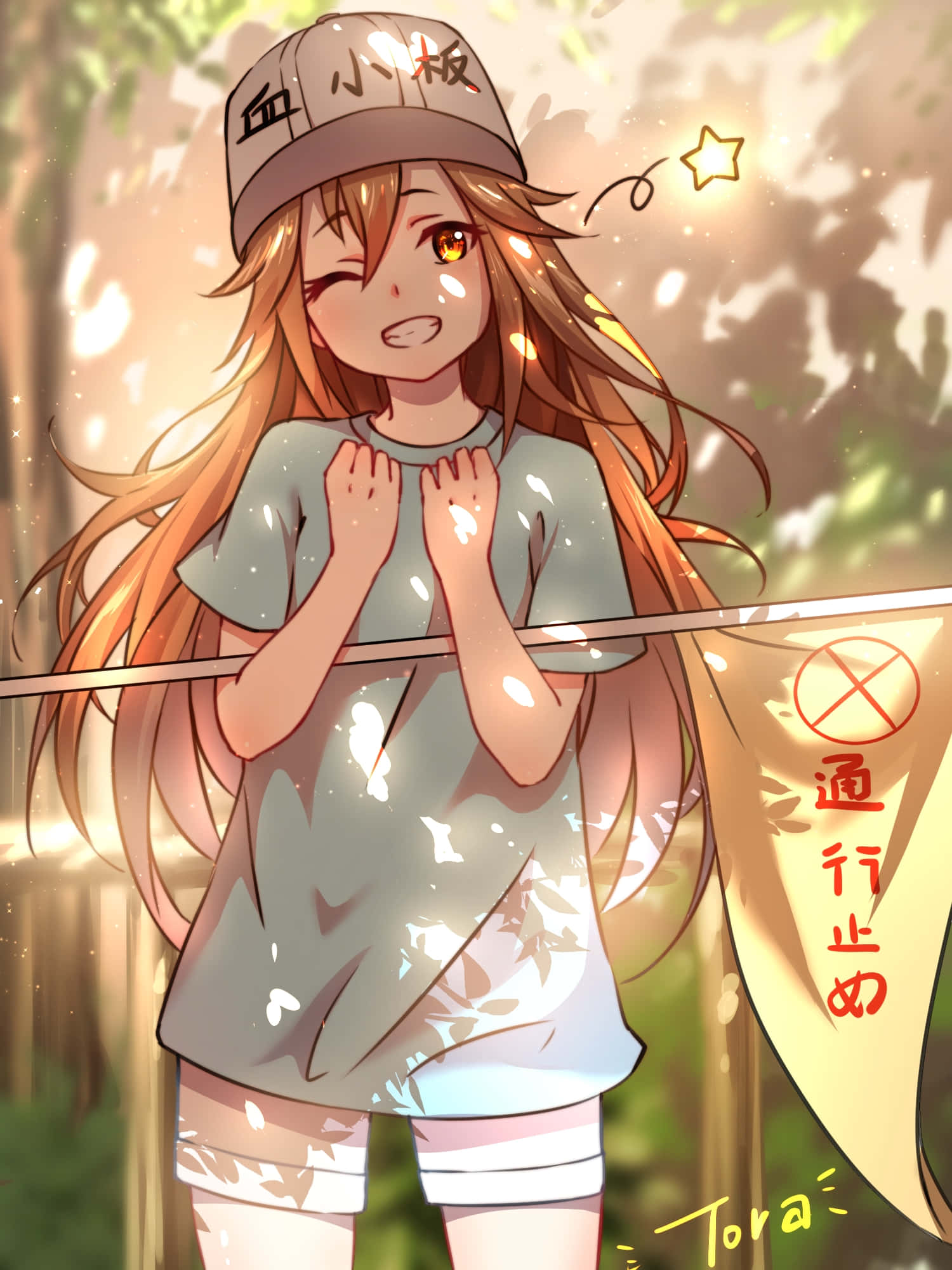 森林中手持旗幟的女孩 壁紙