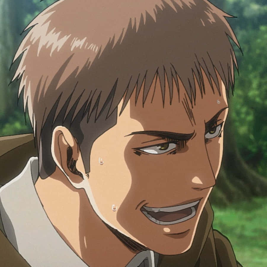 Jean Kirstein 桌布 壁紙 — 森林中汗流浹背的動畫男性角色特寫，棕色頭髮，表情堅定。