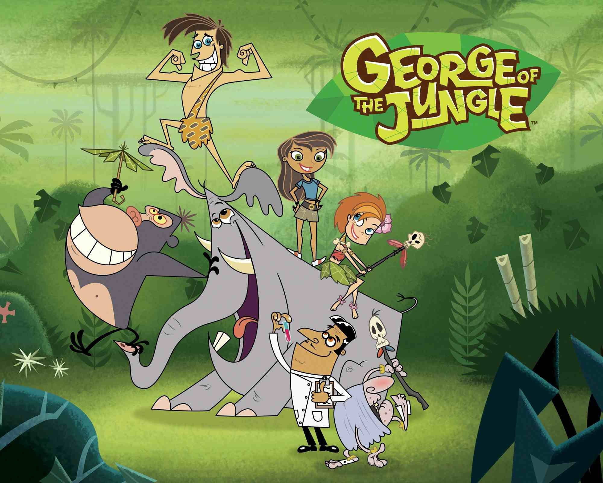 George 桌布 壁紙 — 《森林之王喬治》的卡通角色在茂密的綠色叢林中充滿活力地擺姿勢，周圍有棕櫚樹和樹葉。