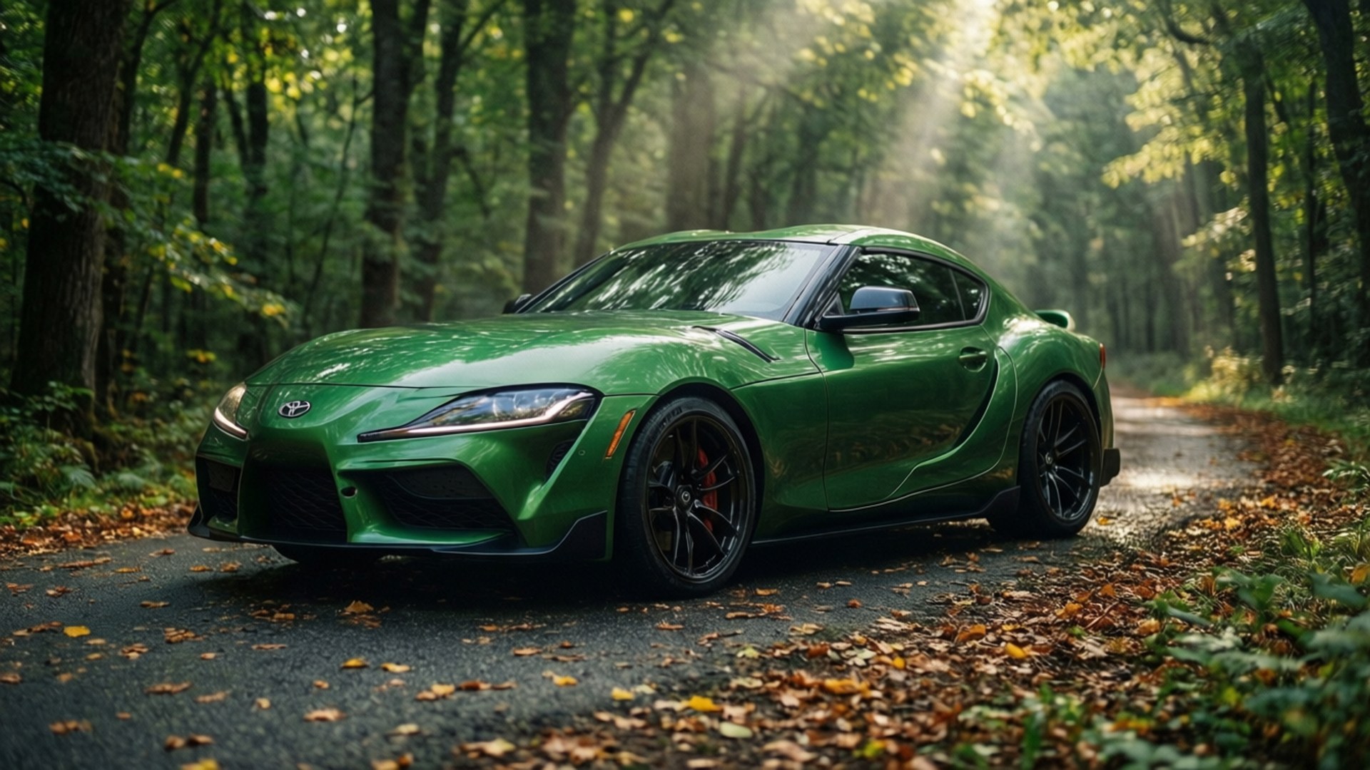 森林奔馳 Supra 壁紙 — 一輛亮綠色跑車停泊在鋪滿落葉的森林道路上，陽光穿過樹木灑落。