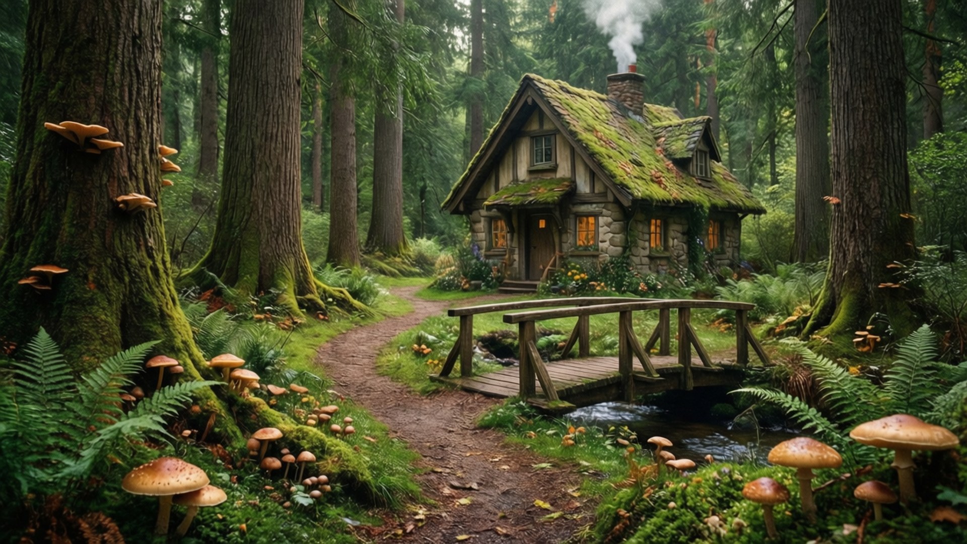 森林童話小屋 壁紙 — 一間舒適的苔蘚覆蓋小屋，坐落在茂密的森林中，有發光的窗戶和一座橫跨溪流的木橋。