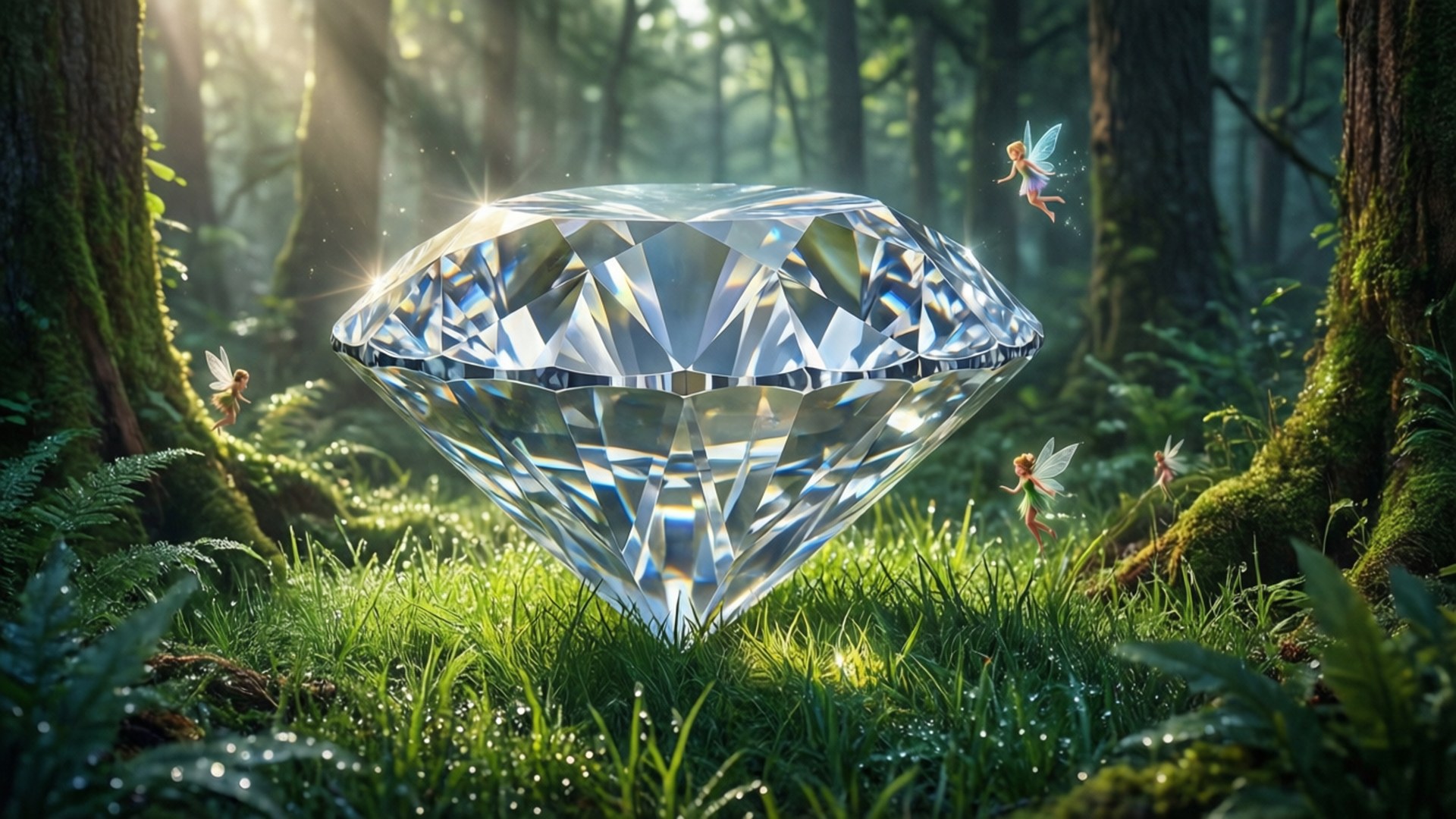 一顆巨大的Minecraft鑽石水晶，位於魔法森林中，周圍有精靈環繞。