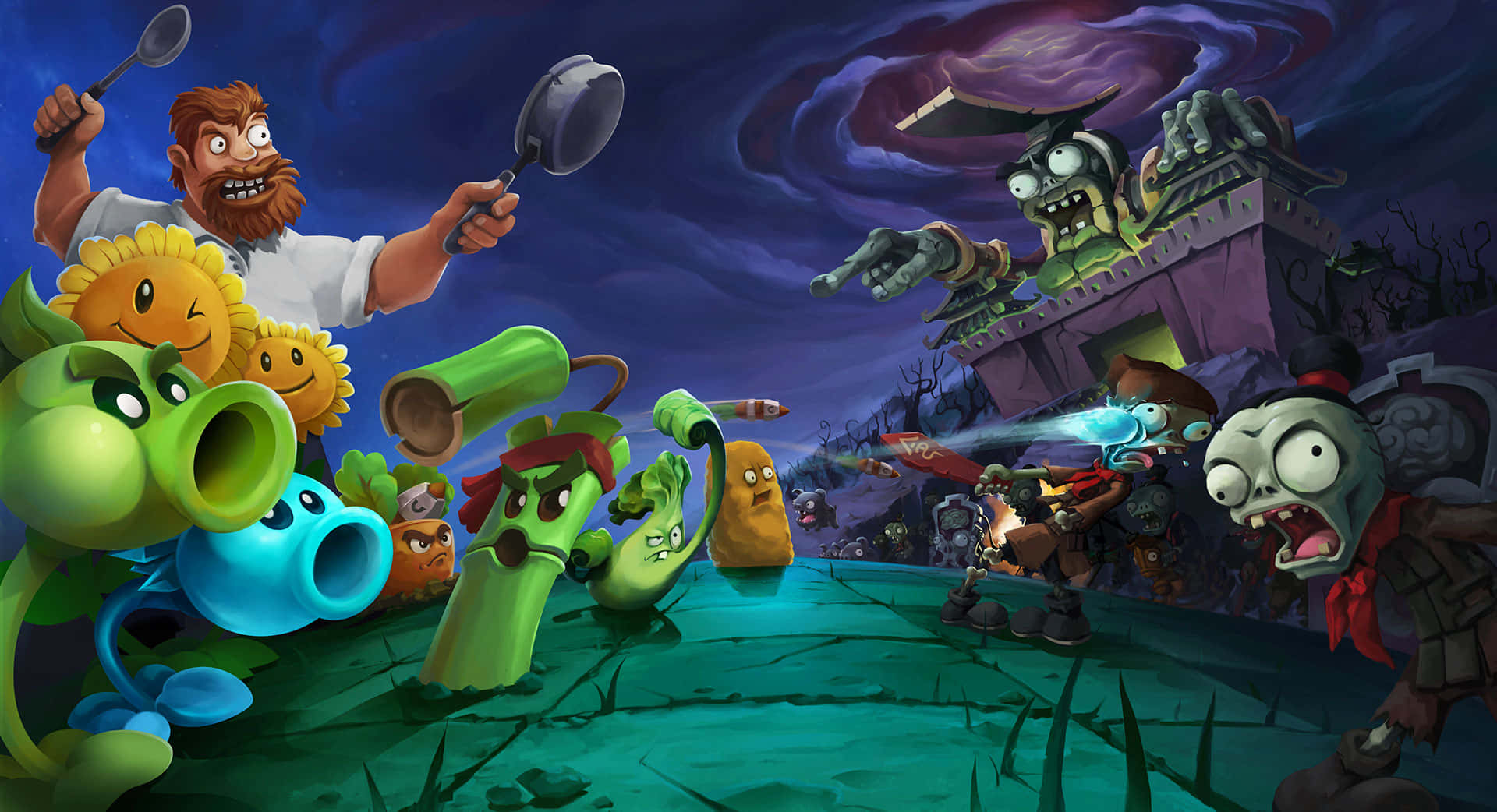 Plants Vs Zombies 桌布 壁紙 — 植物在混亂的夜間戰鬥中，在旋轉的紫色天空下保衛他們的花園免受殭屍侵害。