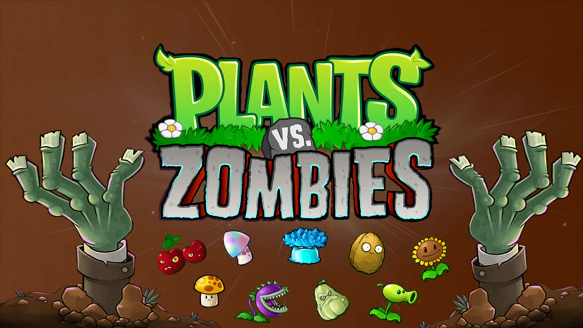 Kids Game 桌布 壁紙 — 《植物大戰殭屍》充滿活力的卡通標題畫面，殭屍手從泥土中伸出，下方有色彩繽紛的植物角色。