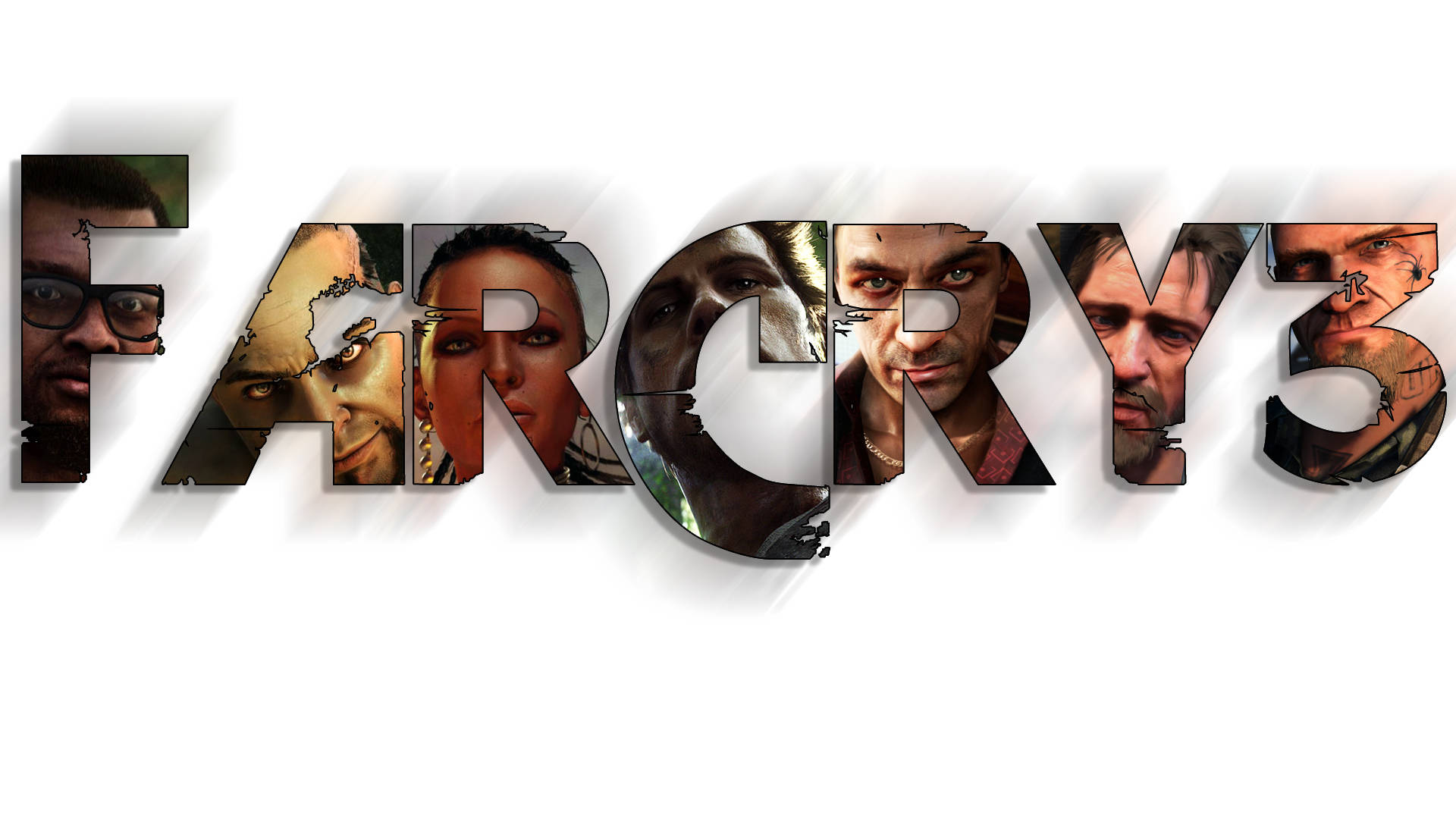 Far Cry 3 桌布 壁紙 — 《極地戰嚎3》標誌以白色背景襯托粗體風格字母，字母內嵌有破碎的面孔。
