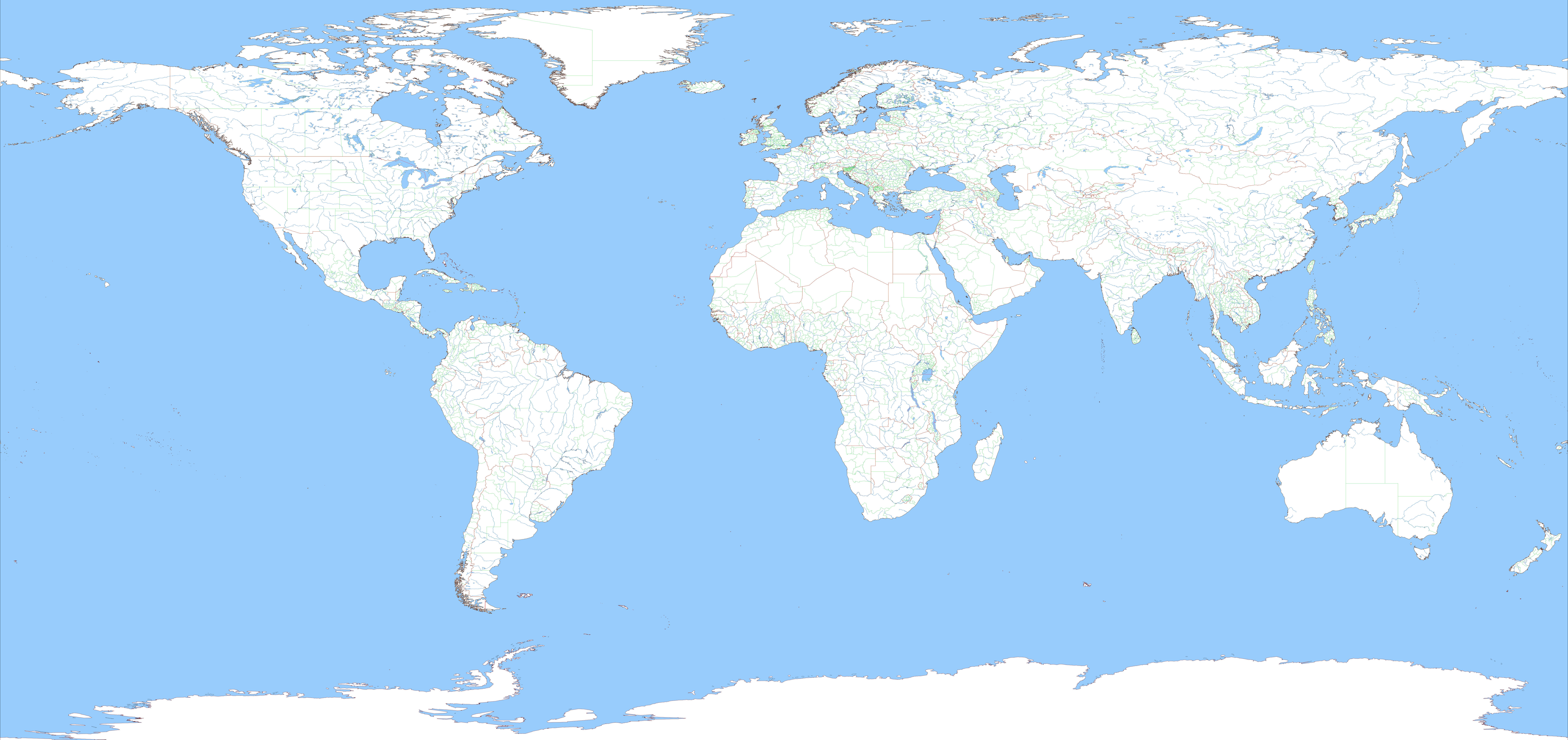Map 桌布 壁紙 — 極簡世界地圖，白色陸地與淺藍色海洋，顯示所有大陸及主要水域。