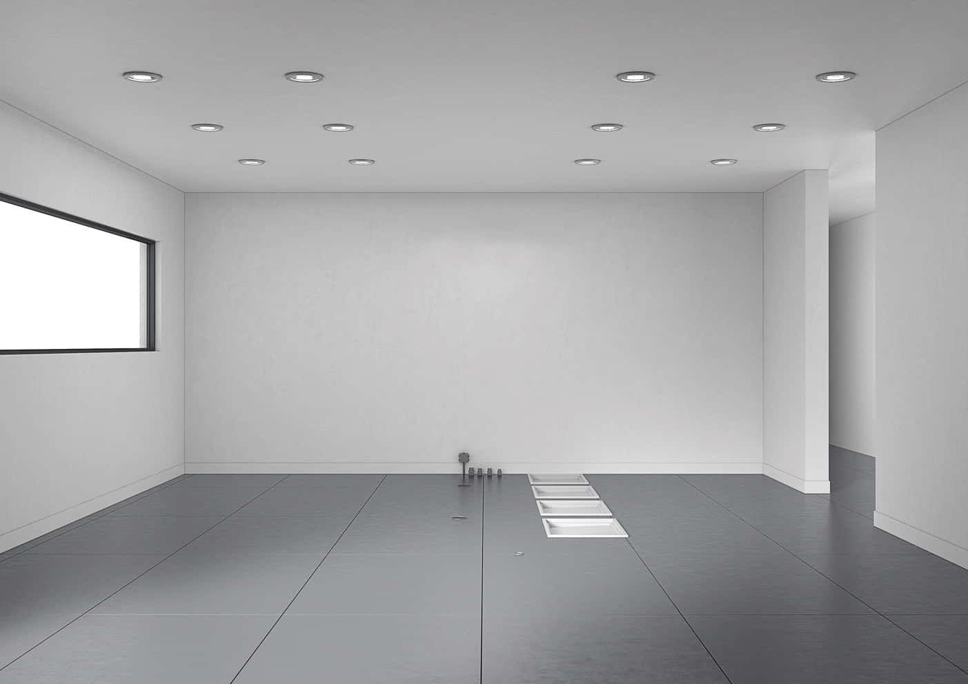 Empty Room 桌布 壁紙 — 極簡主義的空房間，白色牆壁、灰色地板和嵌入式天花板燈，散發出柔和的光芒。