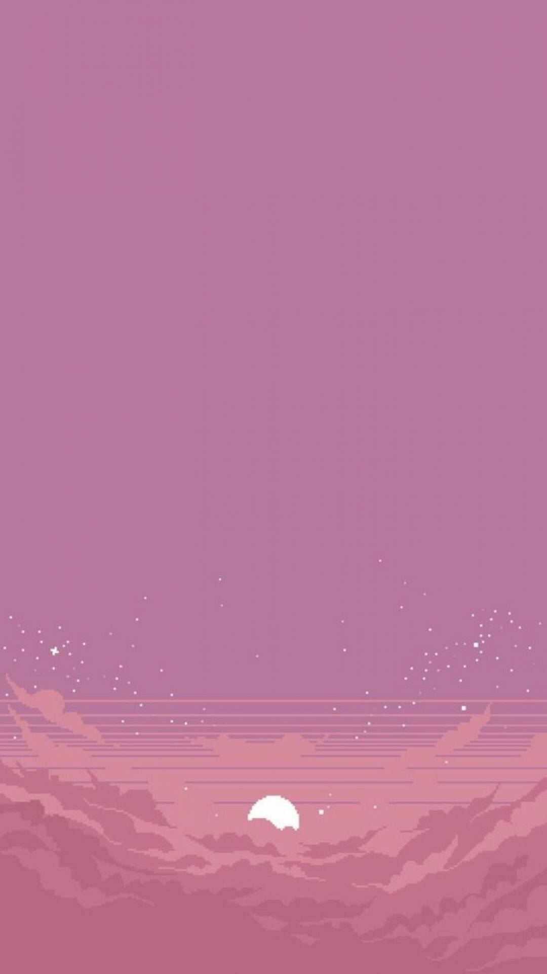 Aesthetic Pixel Art HD 桌布 壁紙 — 極簡像素藝術風格的日落，白色太陽從粉紅雲層中探出頭來，背景是漸層天空。
