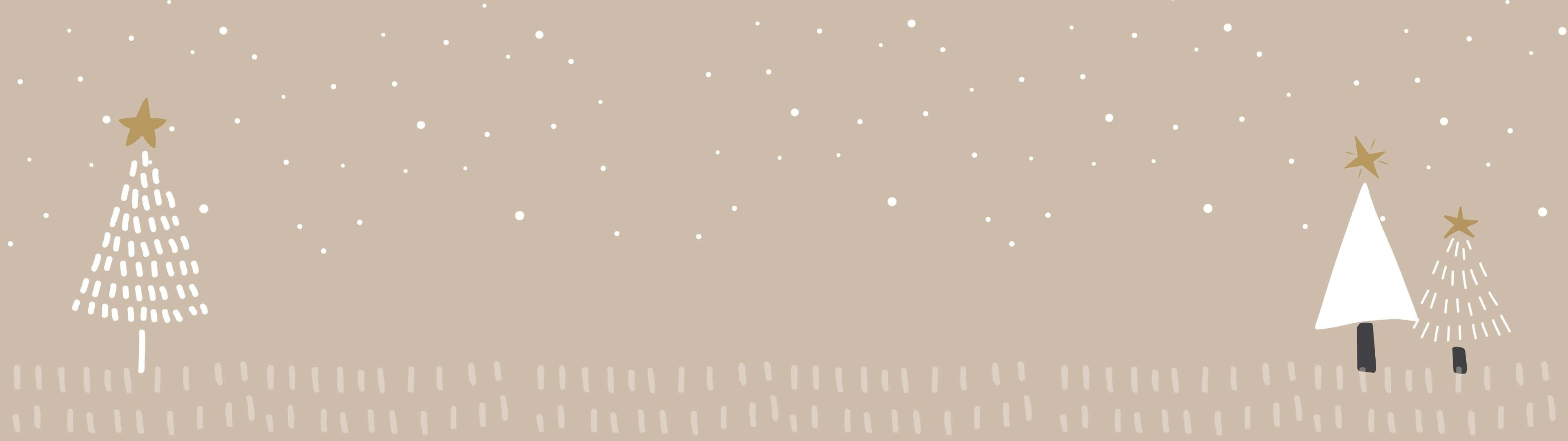 3840x1080 桌布 壁紙 — 極簡冬季場景，以米色天空和飄雪為背景，風格化的白色聖誕樹頂端飾有金色星星。