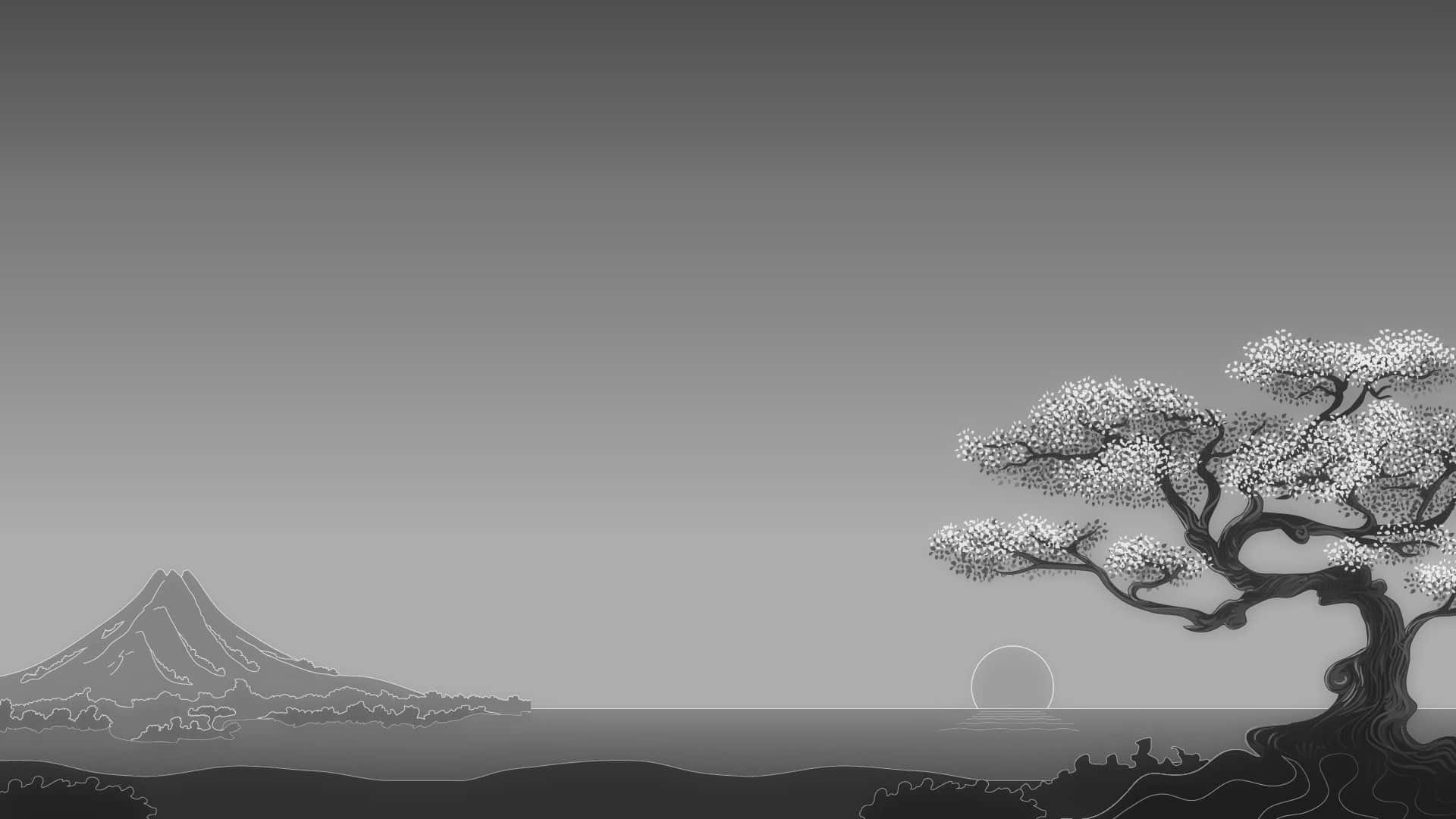 藝術 桌布 壁紙 — 極簡單色風景，以風格化山脈和盛開樹木為特色，背景為漸變天空。