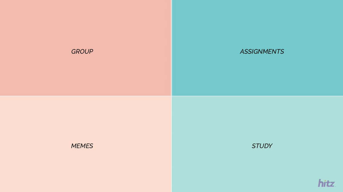 Pastel Colors 桌布 壁紙 — 極簡四象限網格，帶有粉紅色和藍綠色區域，標記為小組作業、迷因和學習。