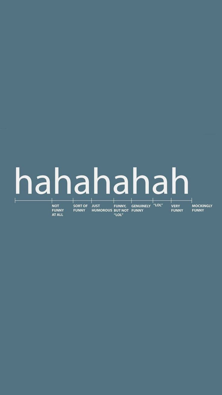 藍色 桌布 壁紙 — 極簡圖形，'hahahahah' 字樣居中，下方是從不好笑到嘲諷好笑的幽默量表，背景為柔和青綠色。